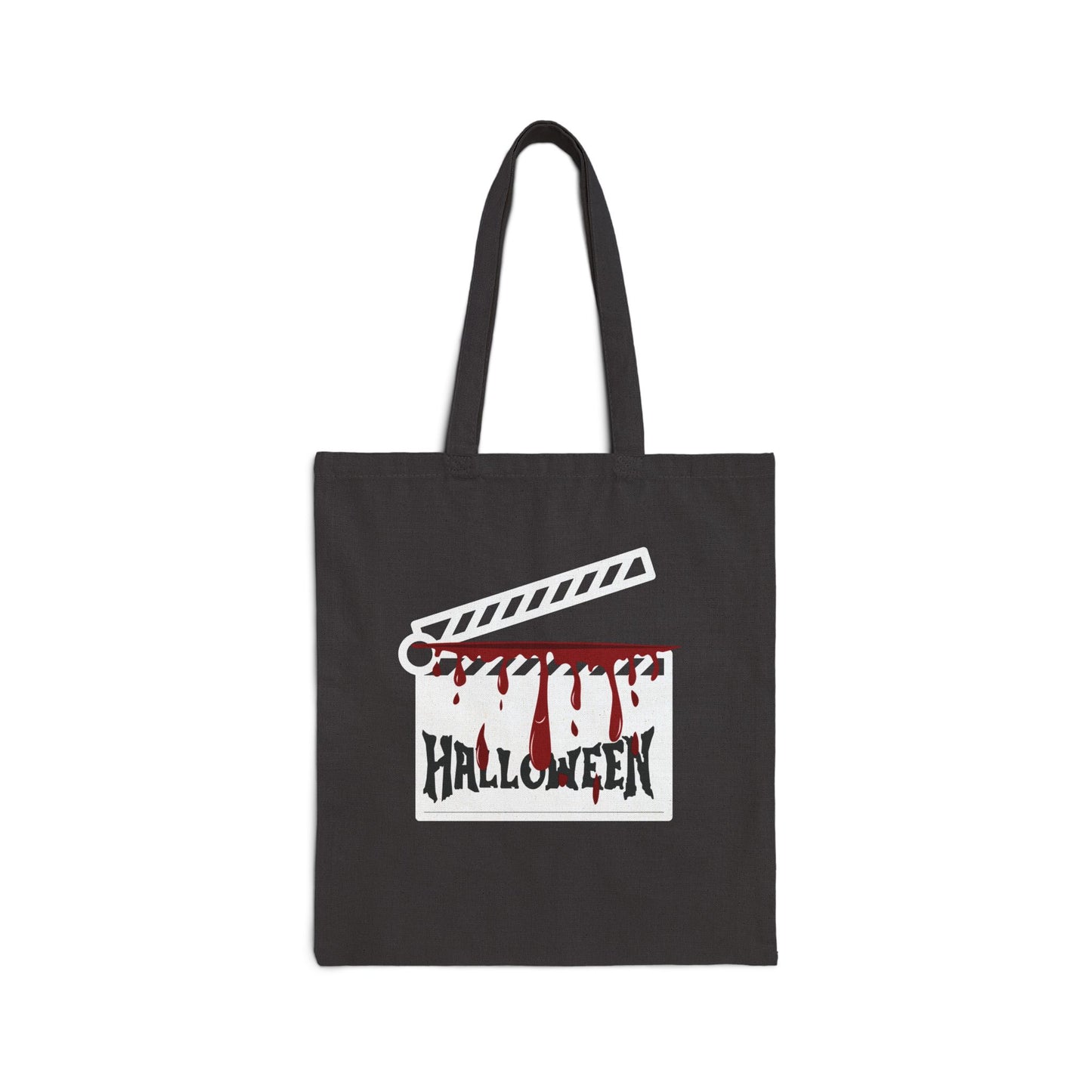 Black tote bag with Halloween-themed design featuring a clapboard and blood-like text on a white background