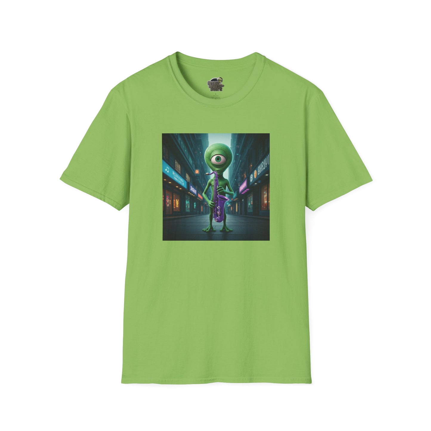 Kiwi Unisex t-shirt alien playing saxophone in city night