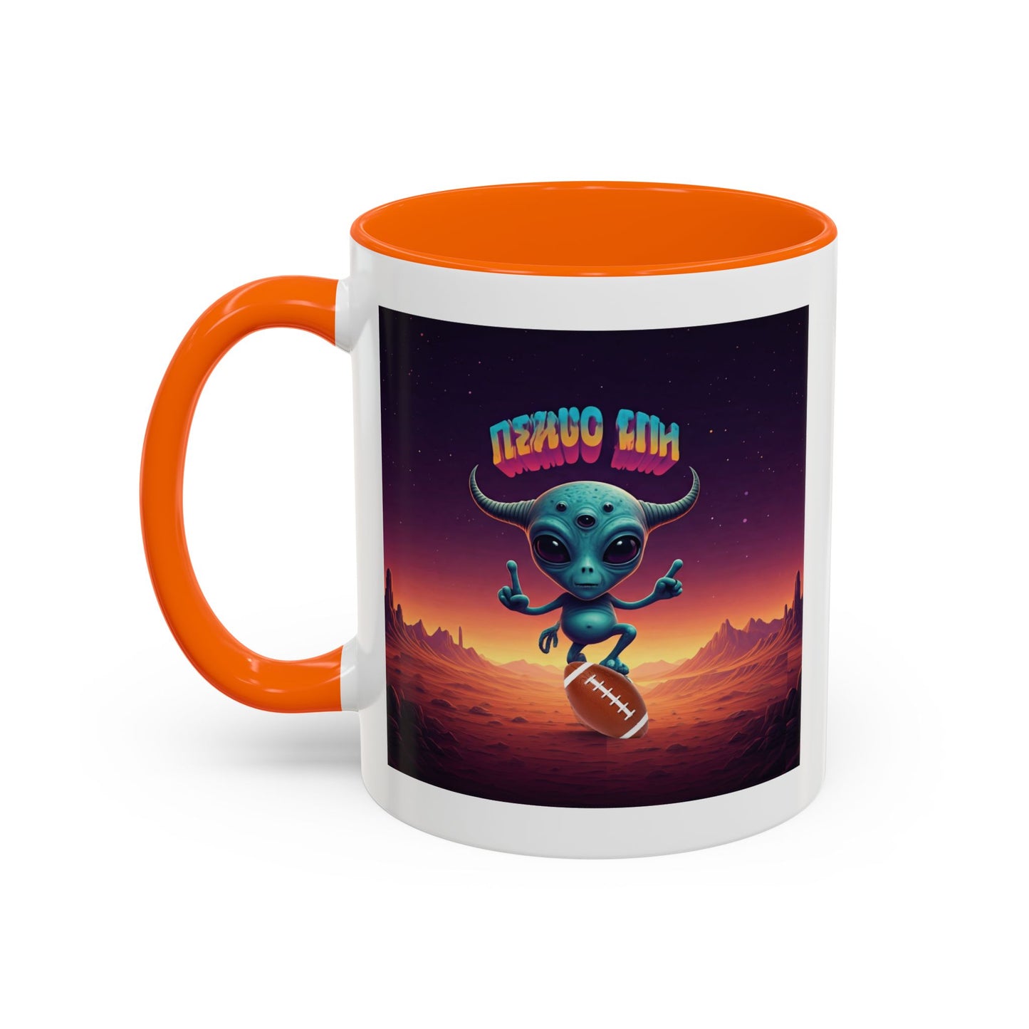 Left handle Alien playing football (rugby) on a unique purple mug
