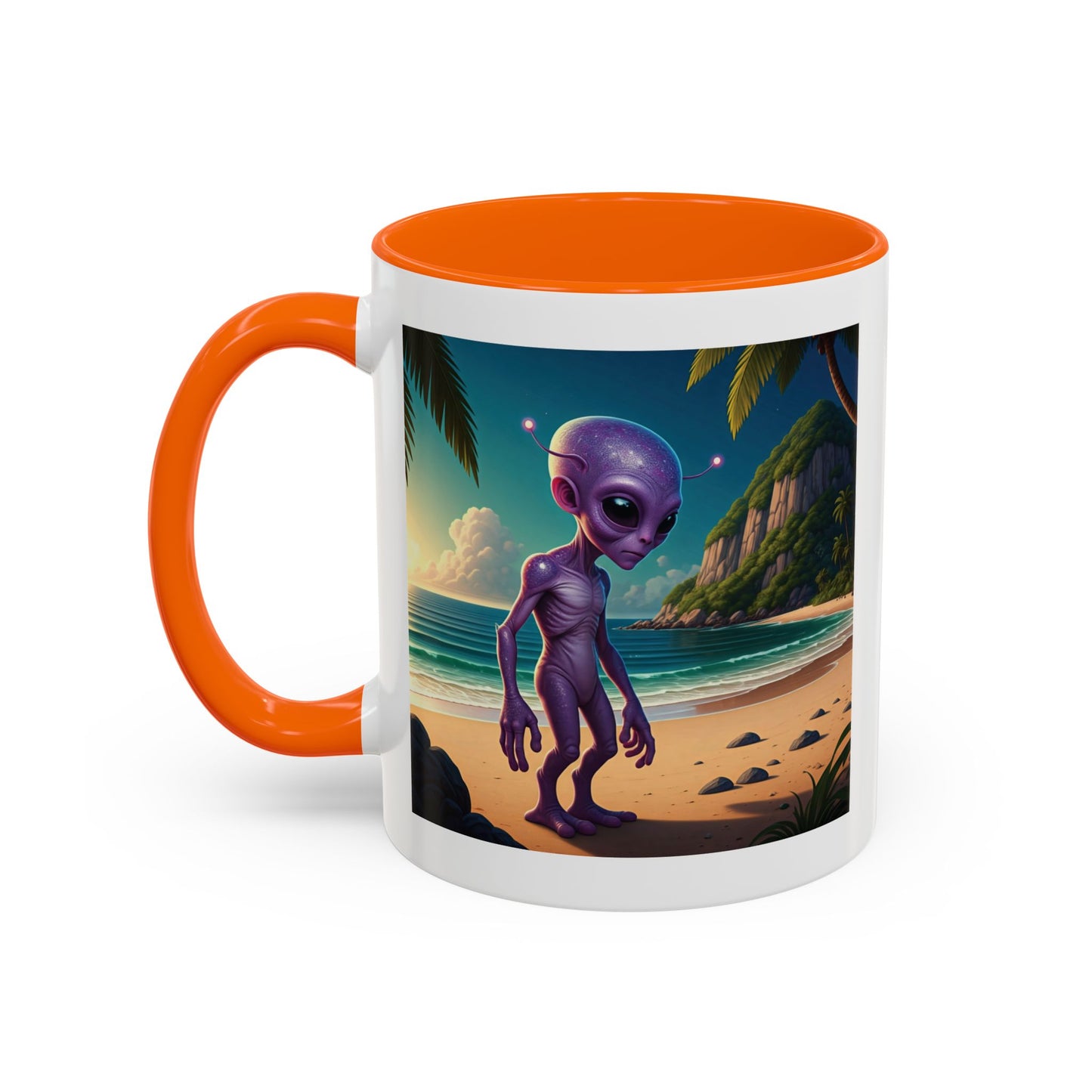 Alien enjoying the beach on a orange inside novelty mug, left handle