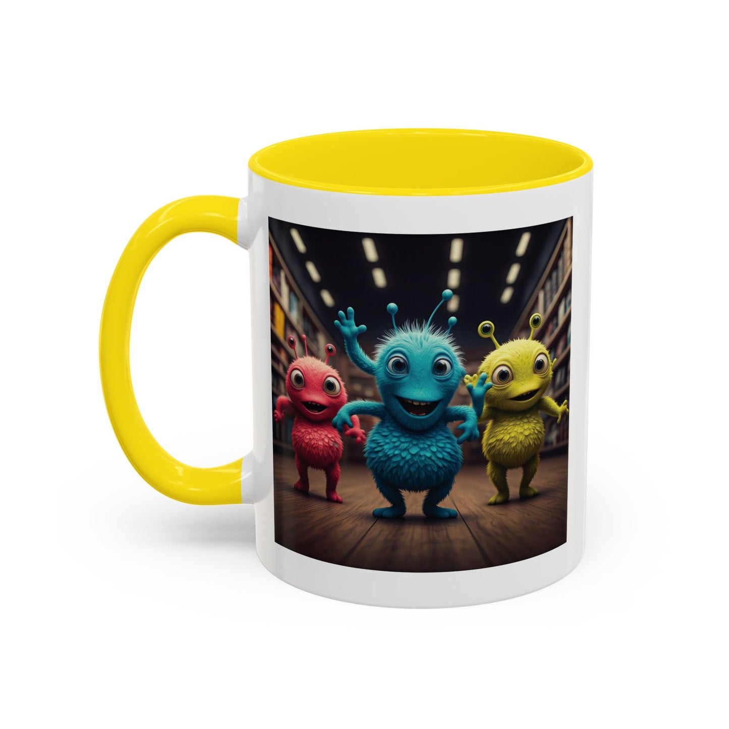 Aliens dancing at a disco on a yellow mug
