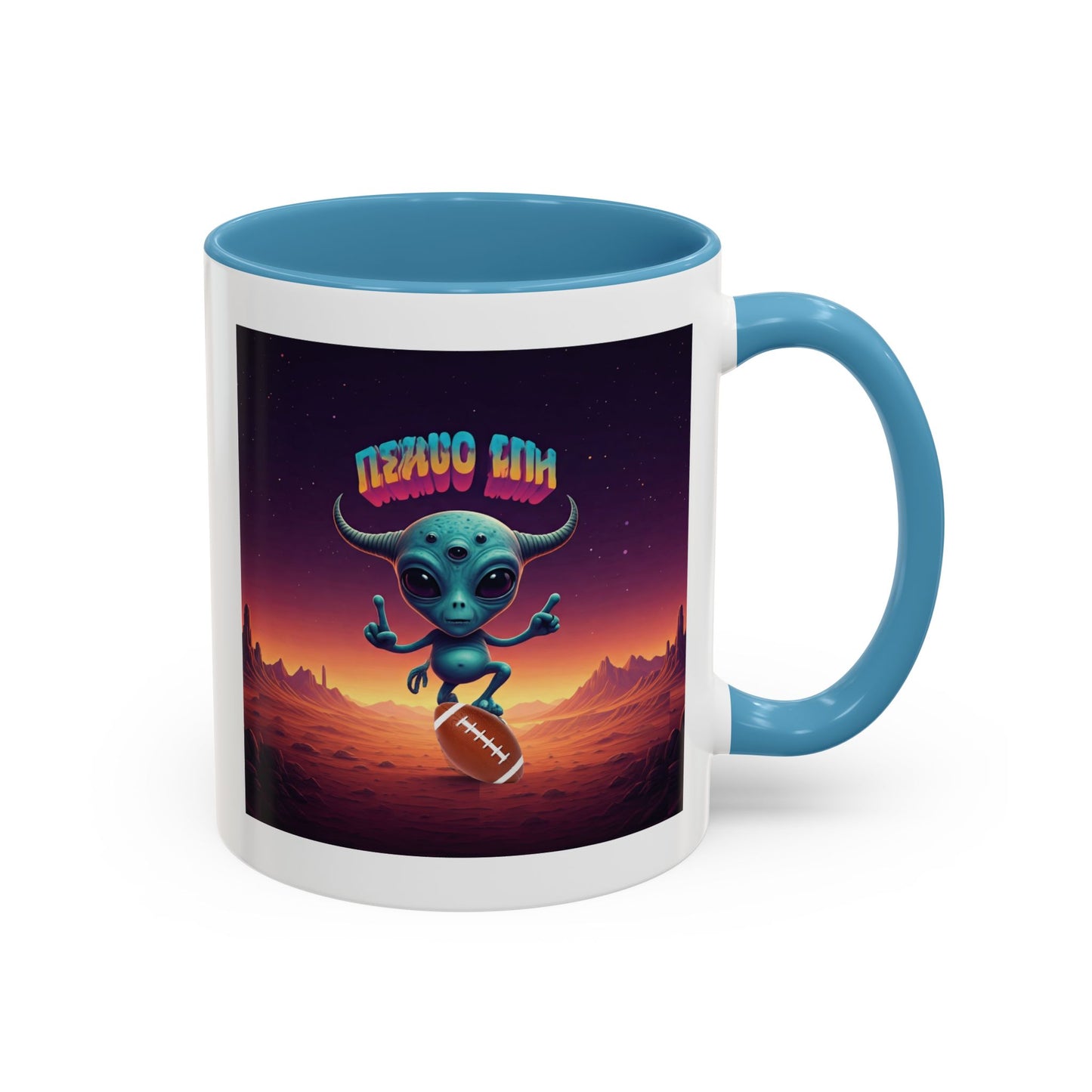 Alien playing football (rugby) on a unique light blue mug