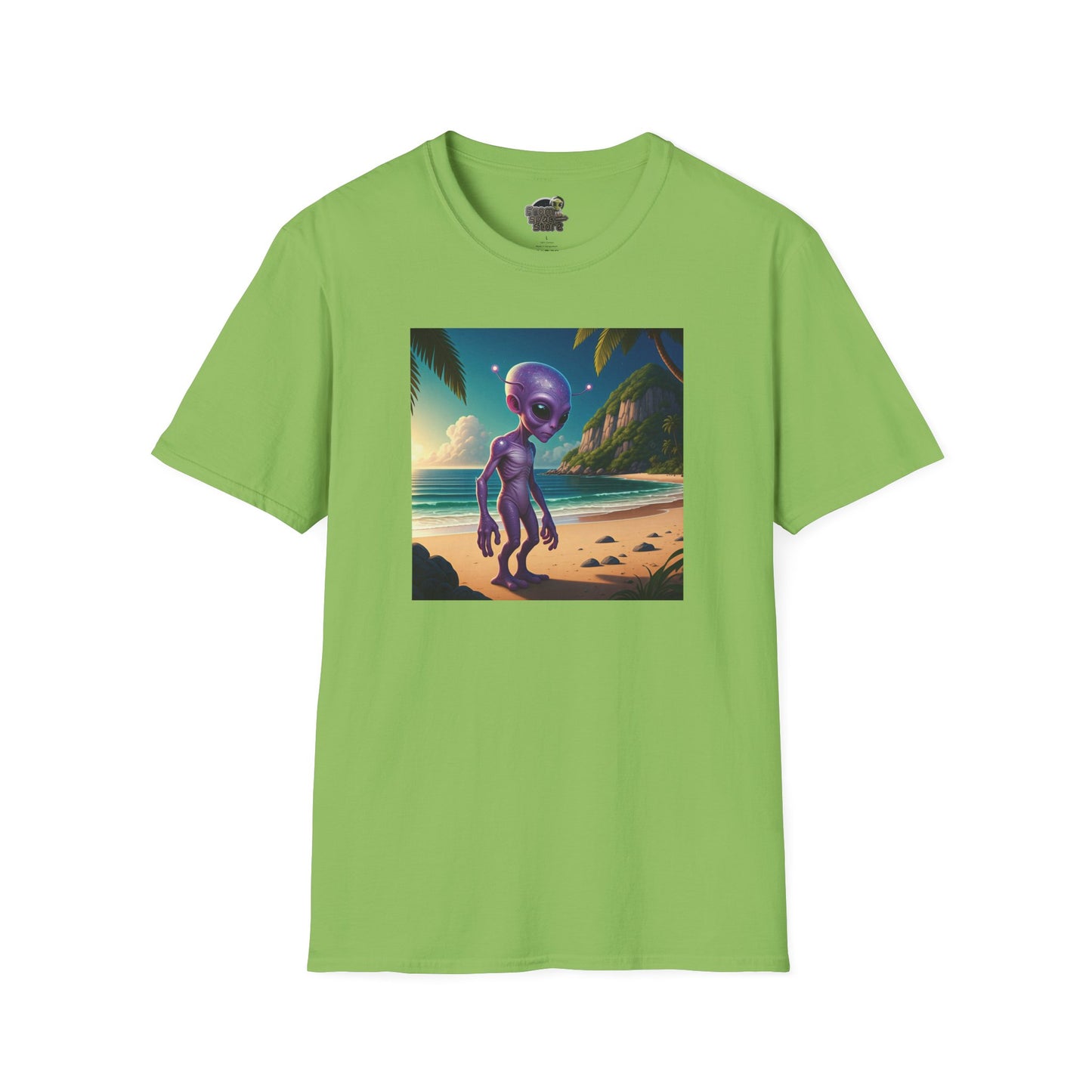 Alien at beach on a kiwi unisex t-shirt graphic