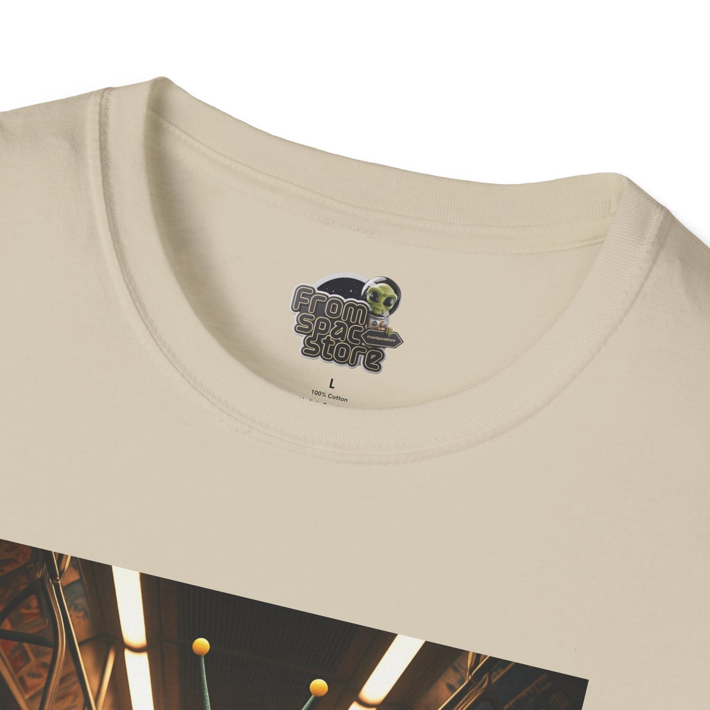 logo brand detail of the Unisex alien in subway T-shirt: funny and modern graphic tee