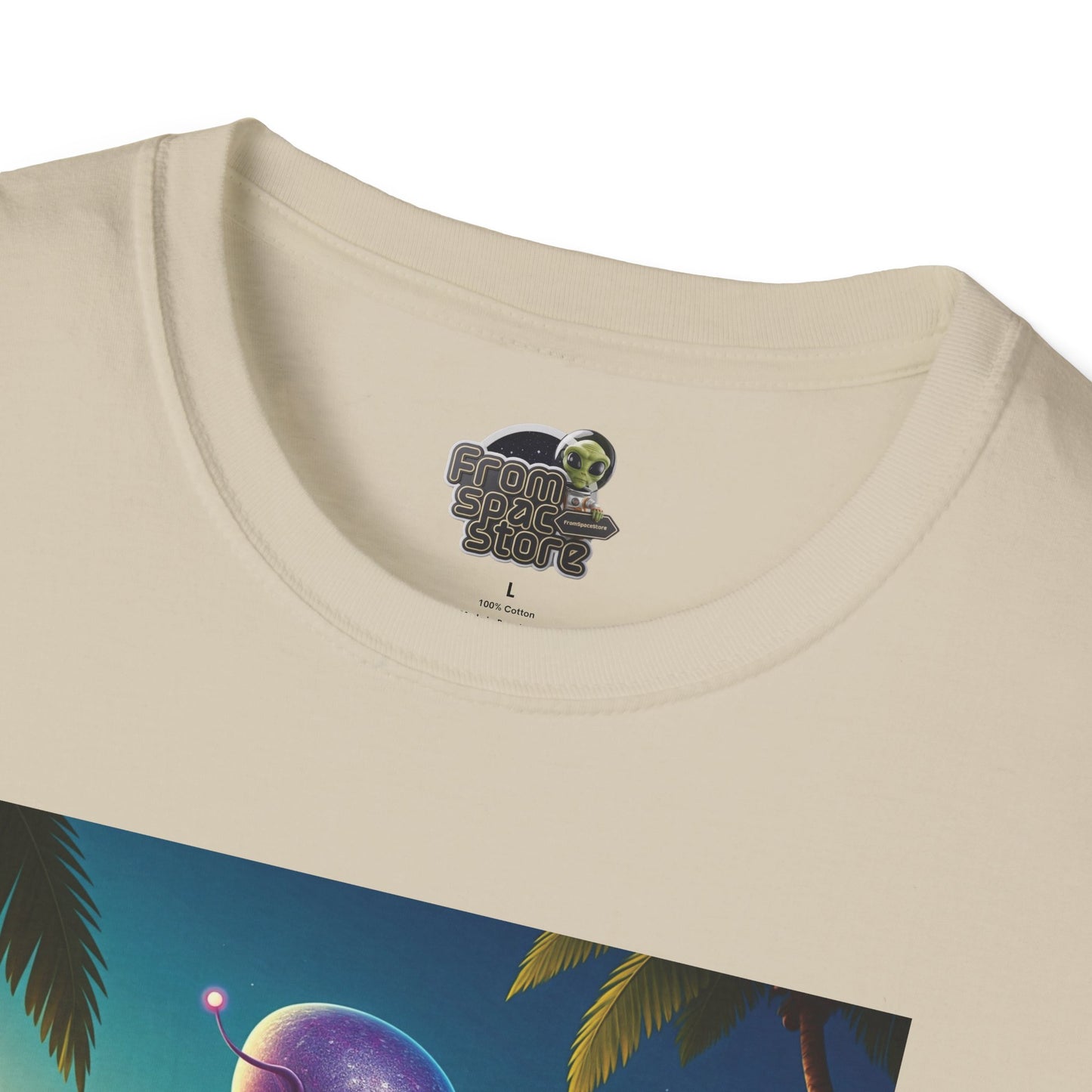 logo detail Alien at beach on a white unisex t-shirt graphic