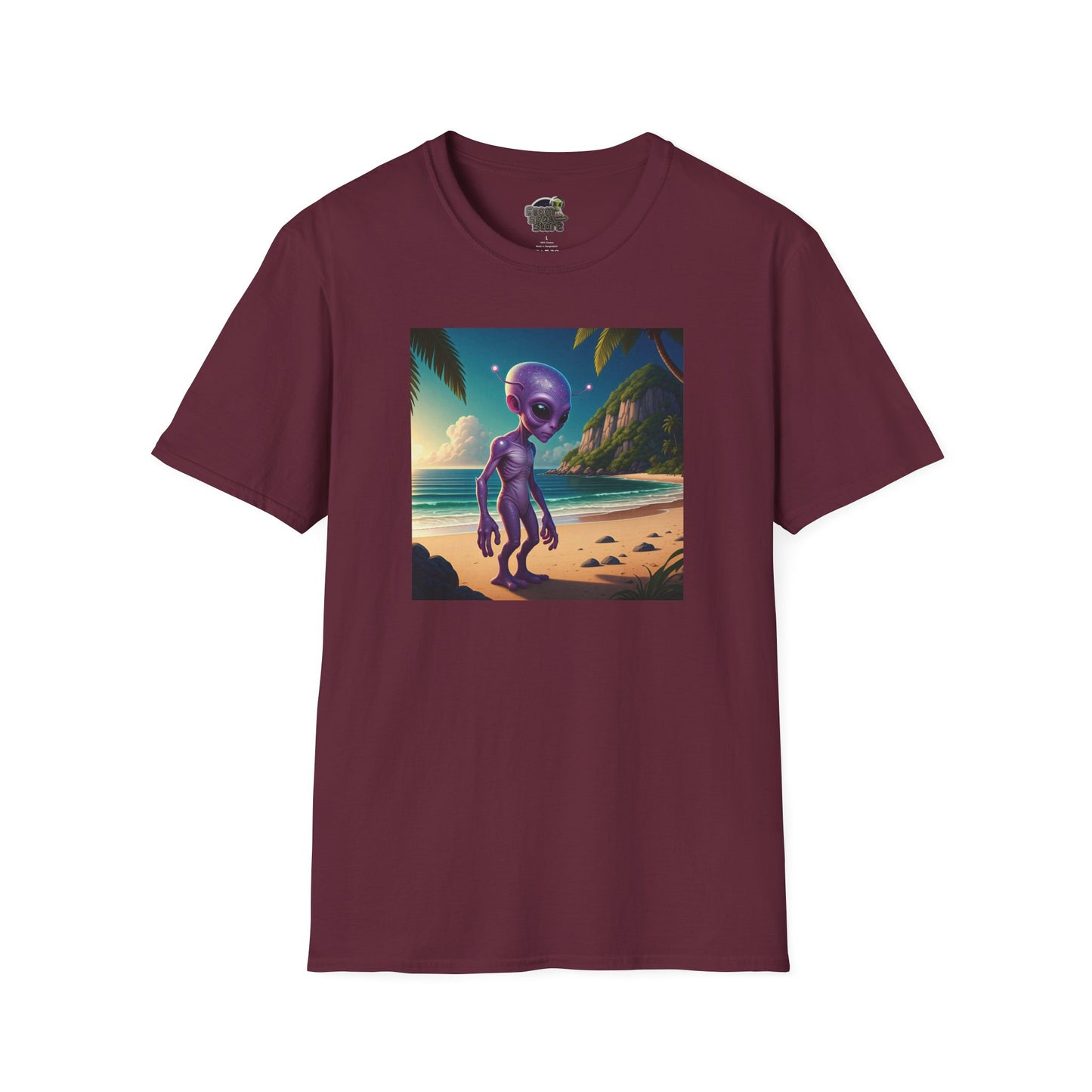 Alien at beach on a maroon unisex t-shirt graphic