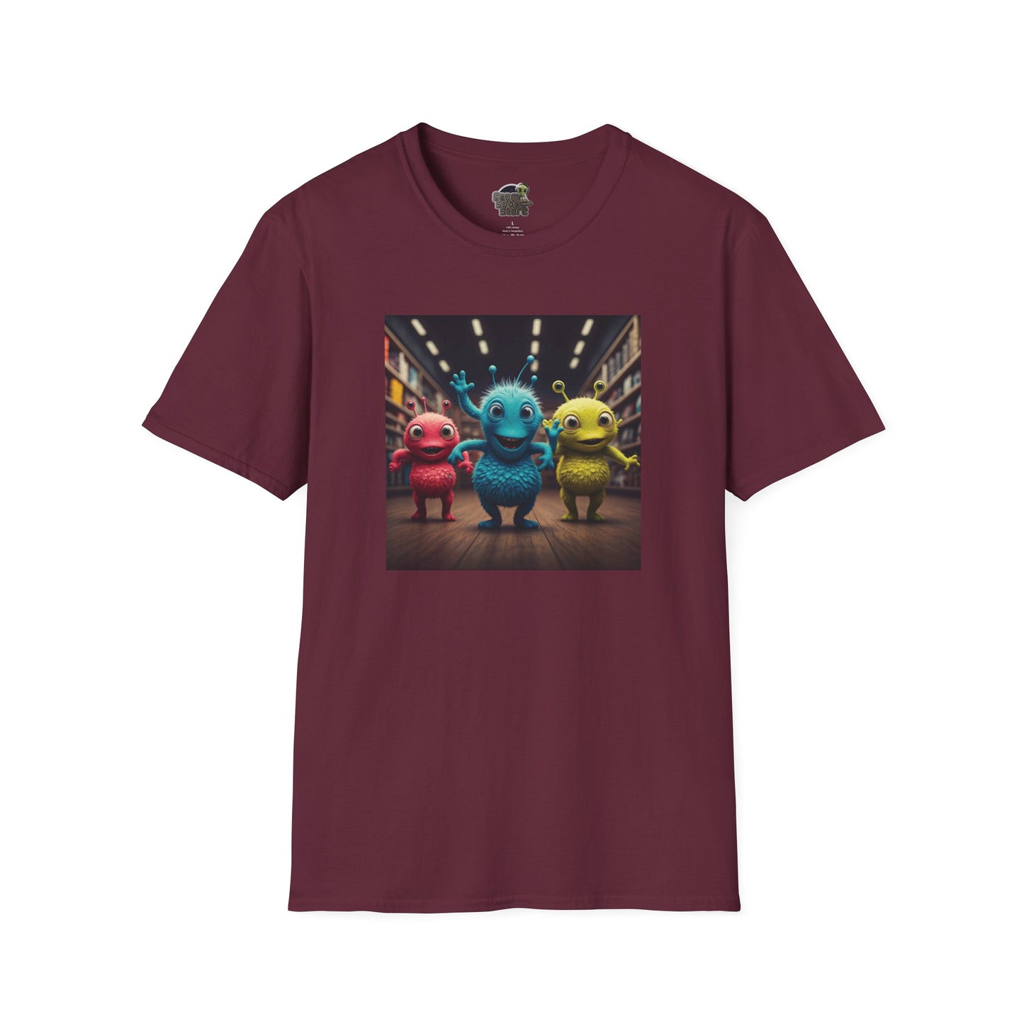 Alien dancer on a maroon T-shirt: funny and unique design