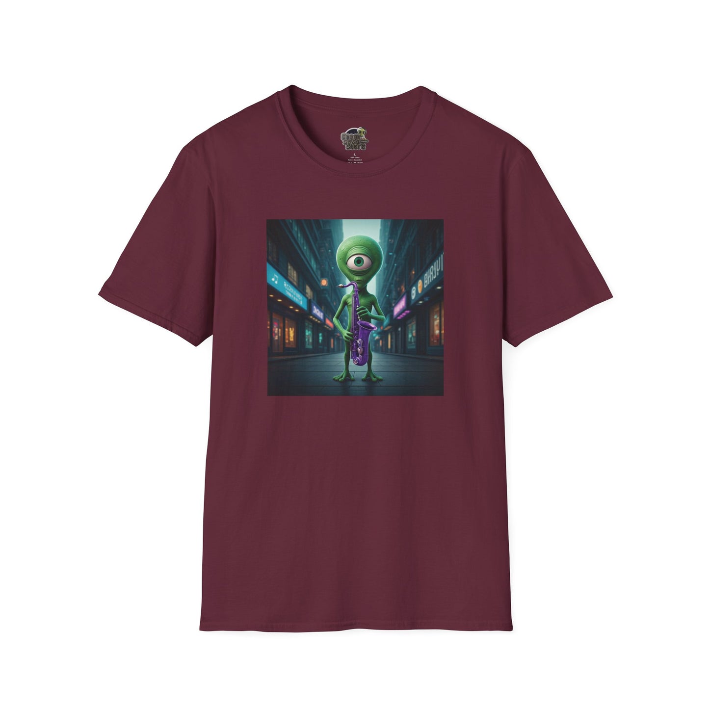 Maroon Unisex t-shirt alien playing saxophone in city night