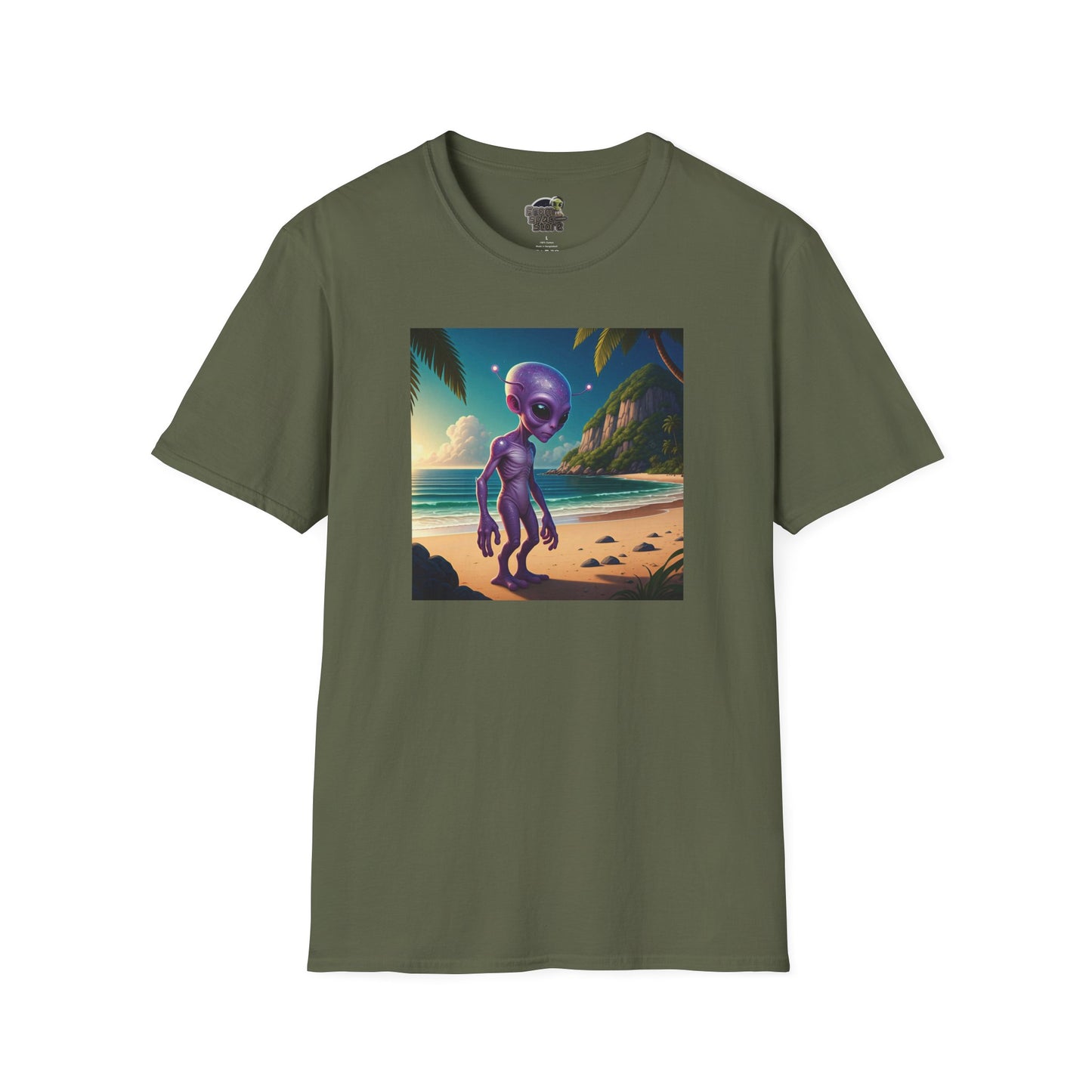 Alien at beach on a military green unisex t-shirt graphic