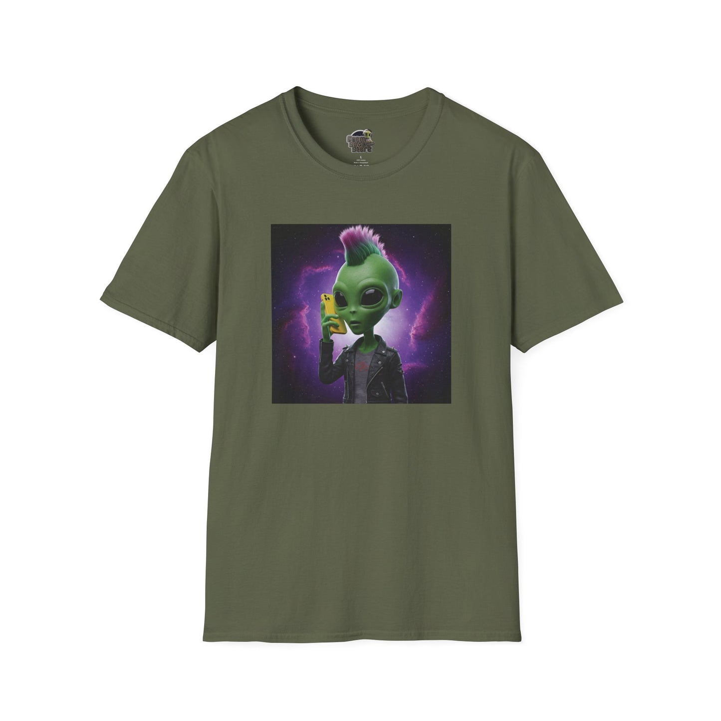 Military green Unisex alien punk t-shirt with mobile phone