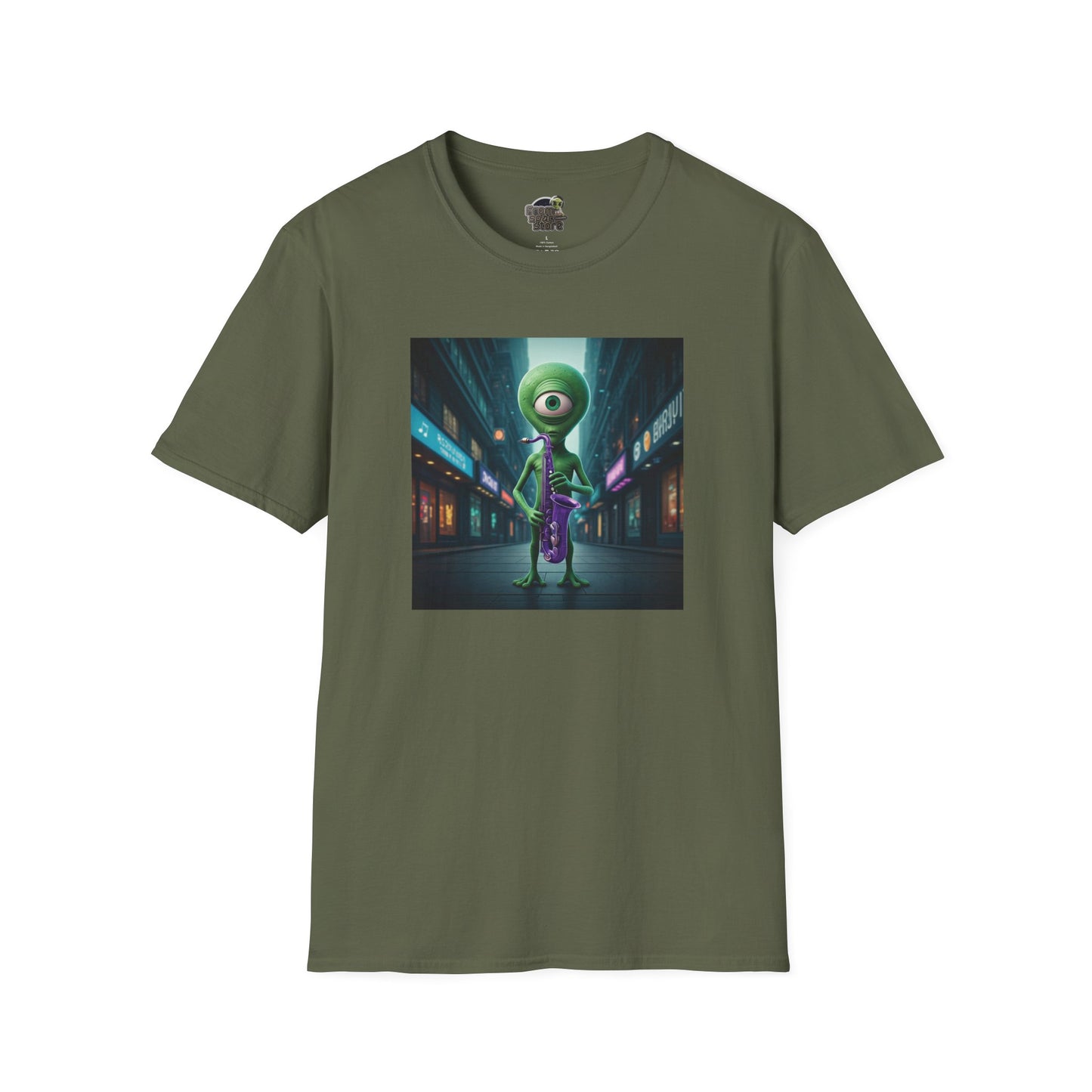 Military green Unisex t-shirt alien playing saxophone in city night