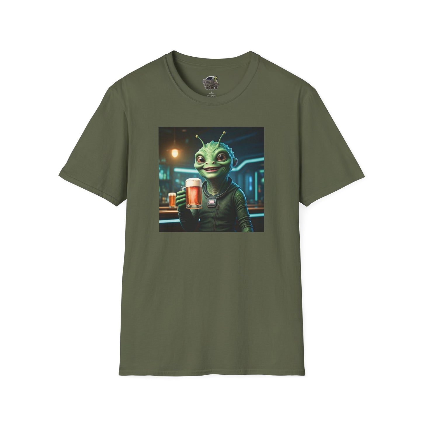 Military green Unisex alien woman t-shirt with Beer at the pub