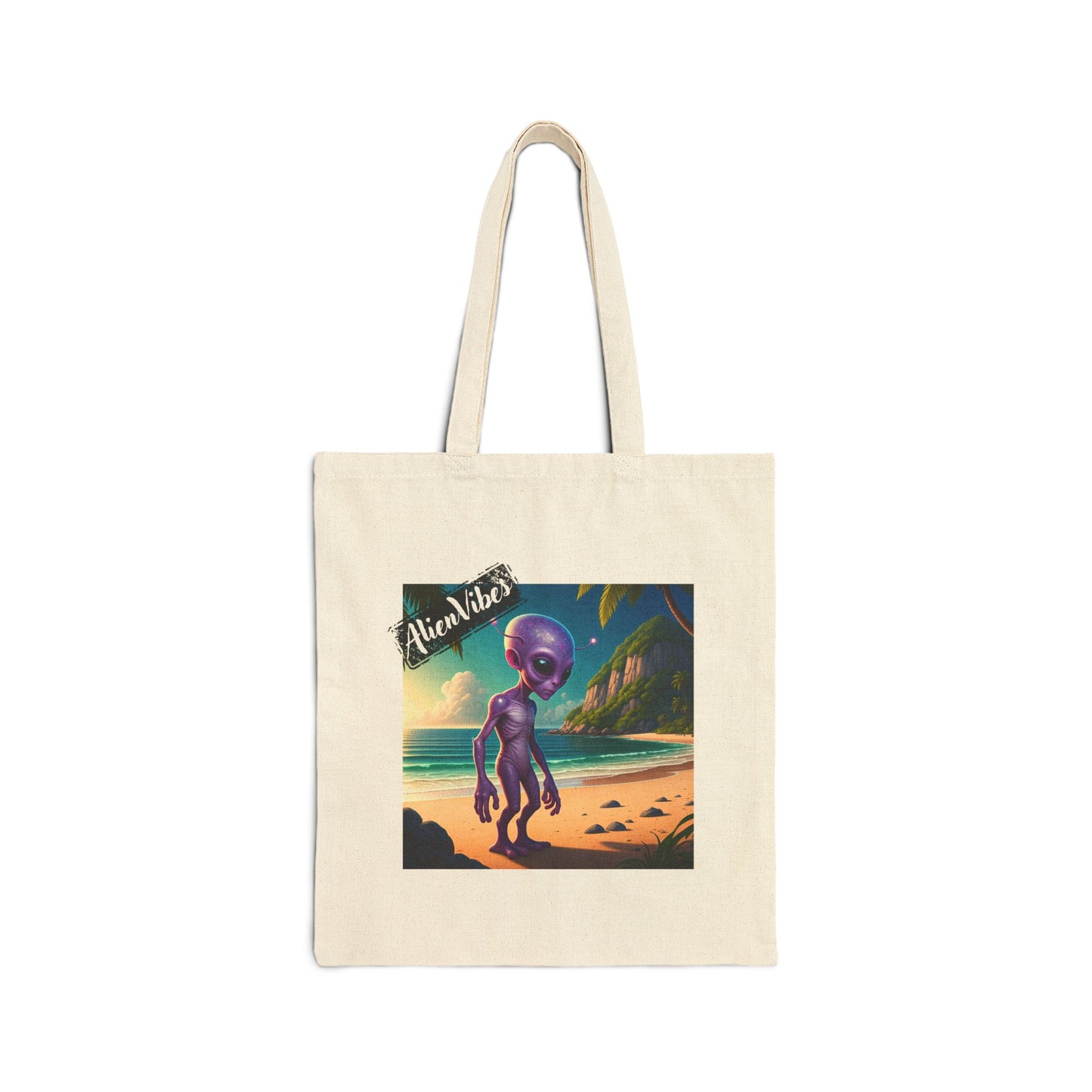 Alien at Beach natural color tote bag: a funny alien walking on a sandy beach.