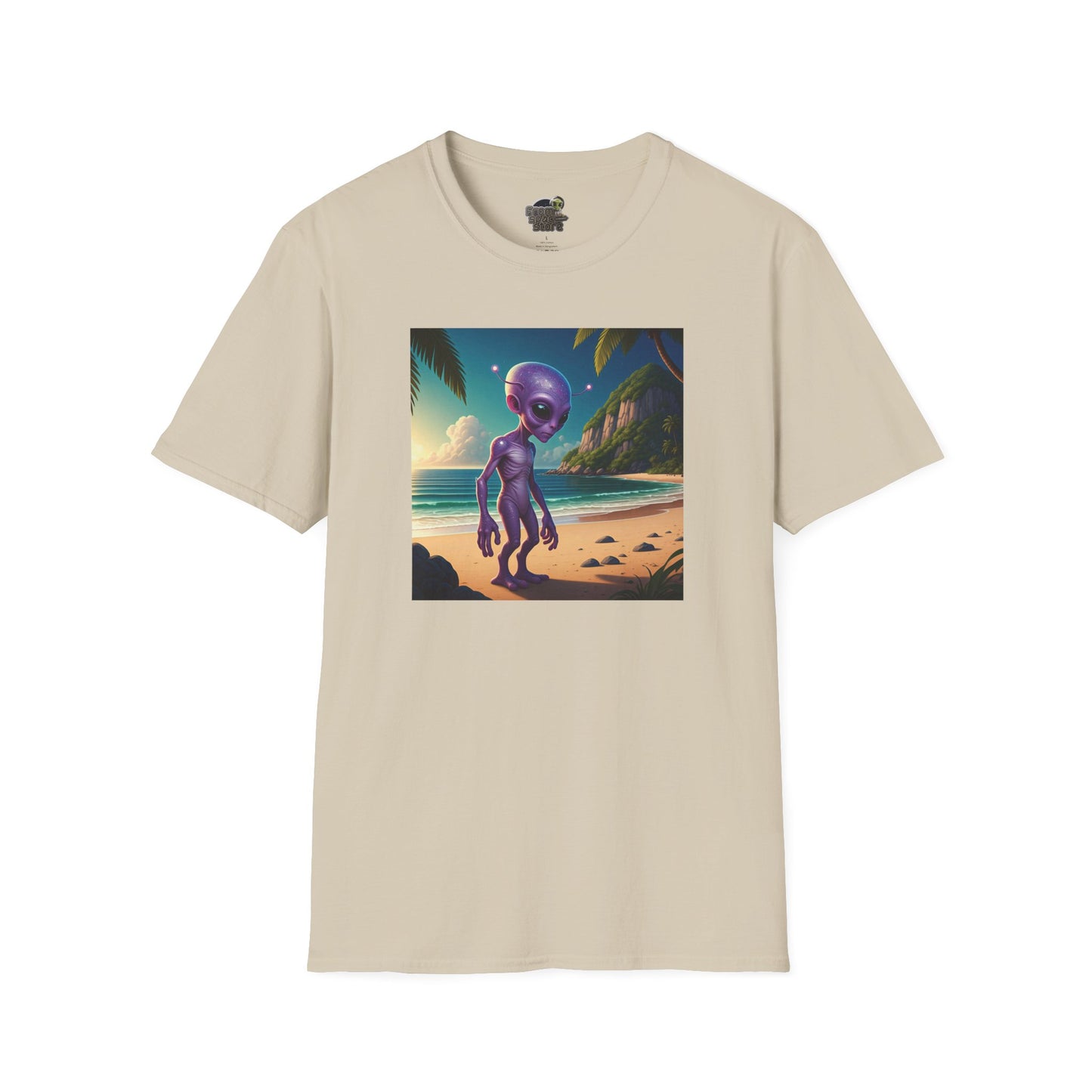 Alien at beach on a white unisex t-shirt graphic