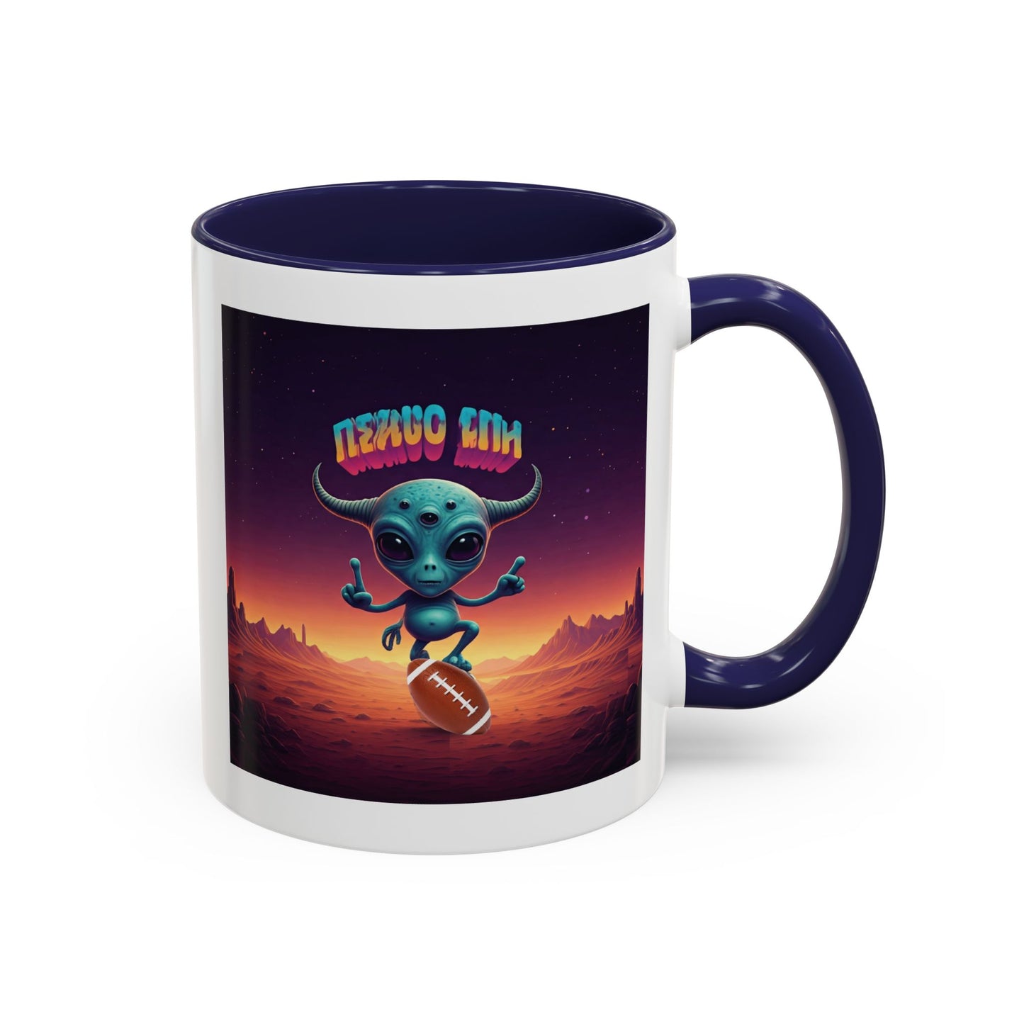 Alien playing football (rugby) on a unique navy mug