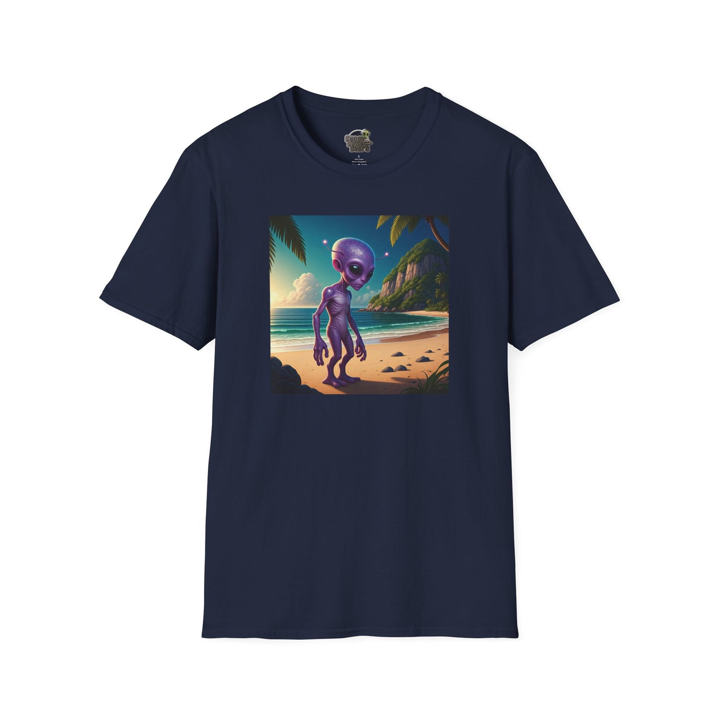 Alien at beach on a navy unisex t-shirt graphic
