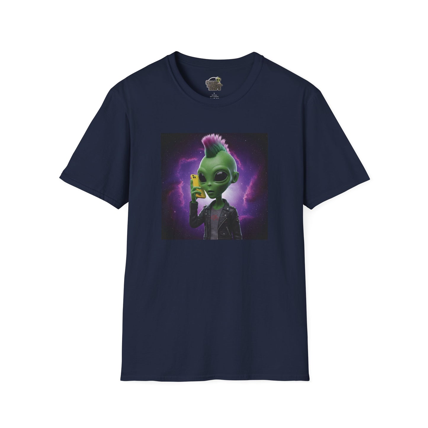 Navy Unisex alien punk t-shirt with mobile phone