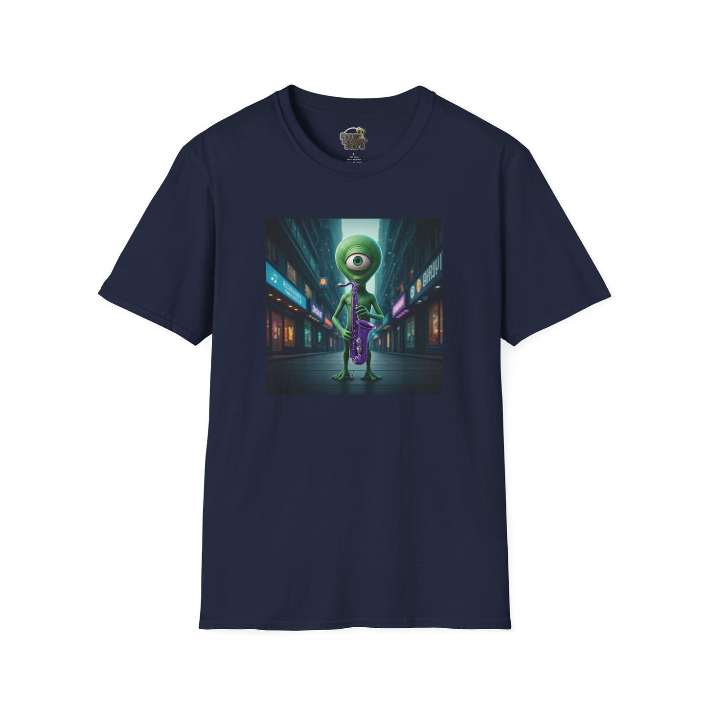 Navy Unisex t-shirt alien playing saxophone in city night