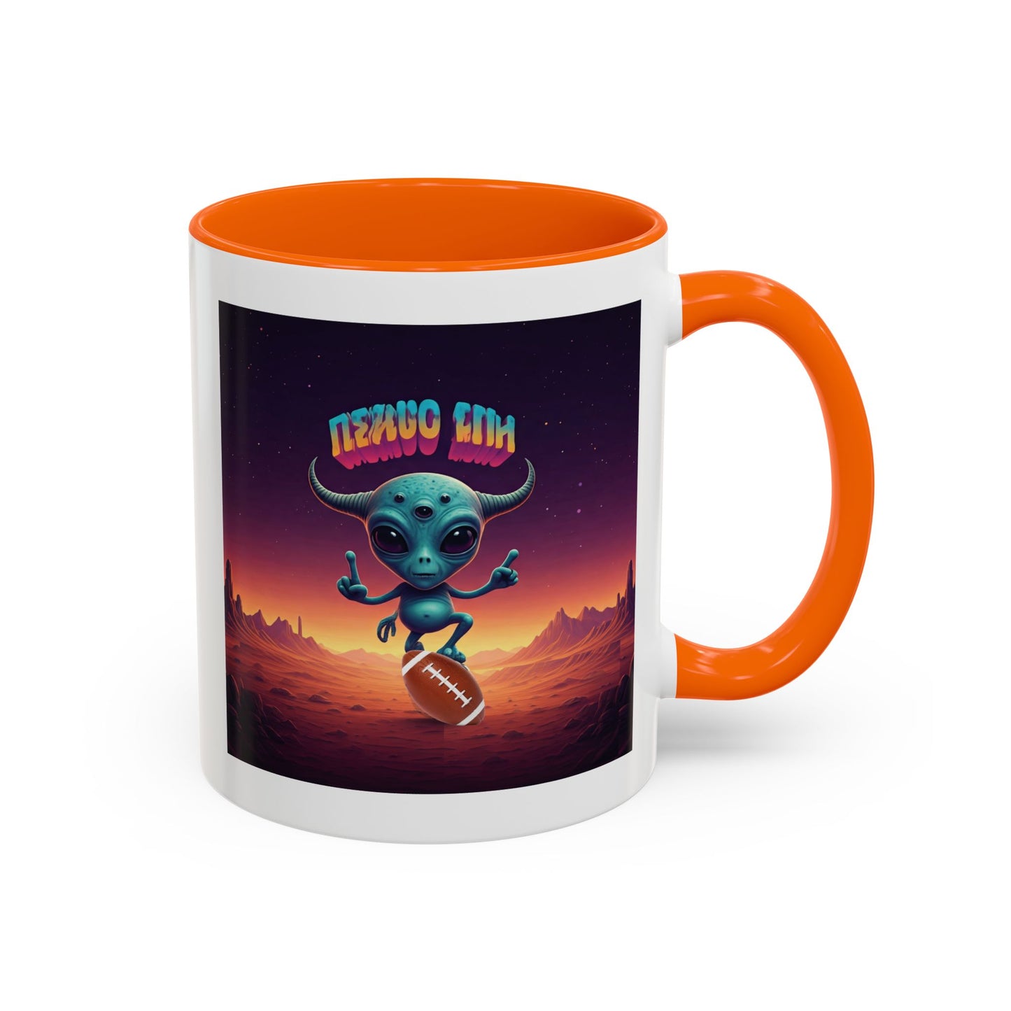 Alien playing football (rugby) on a unique orange mug