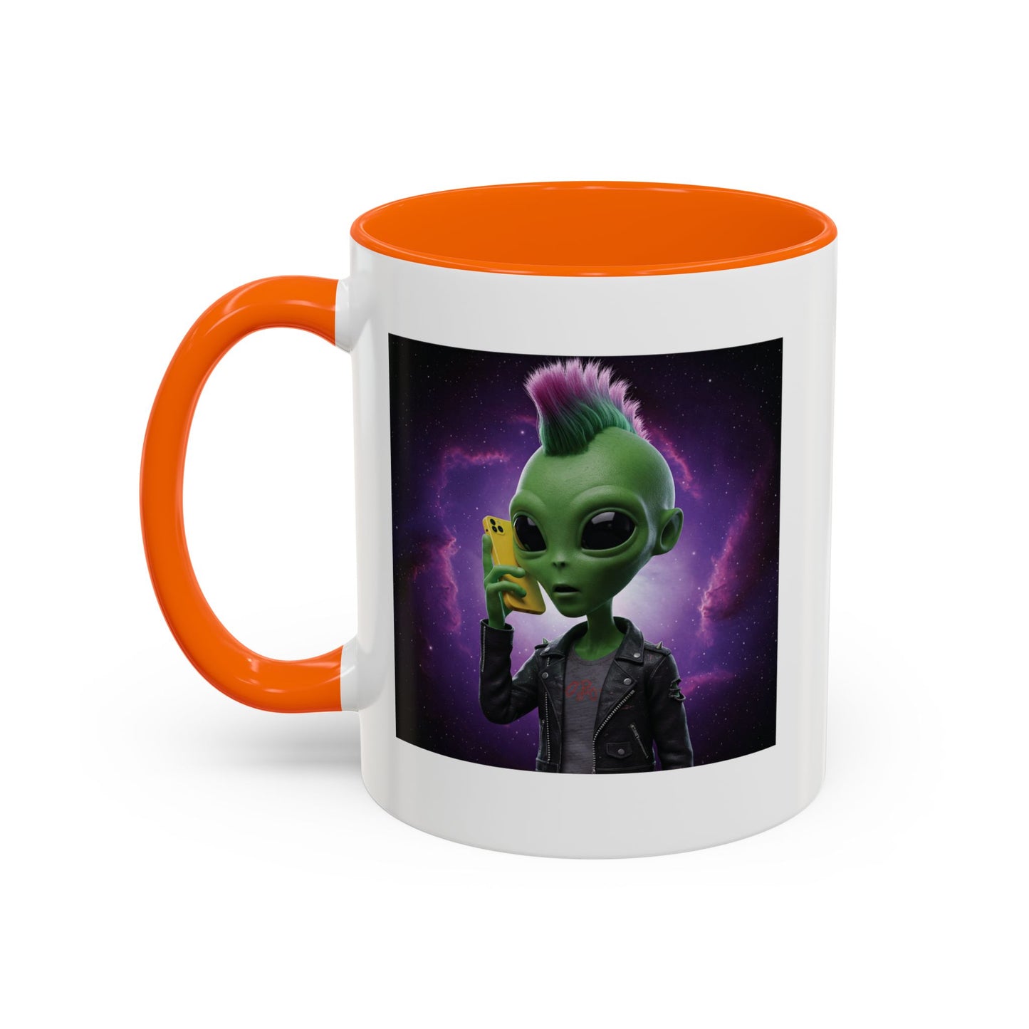 Alien punk with mobile phone orange mug, Left handle view