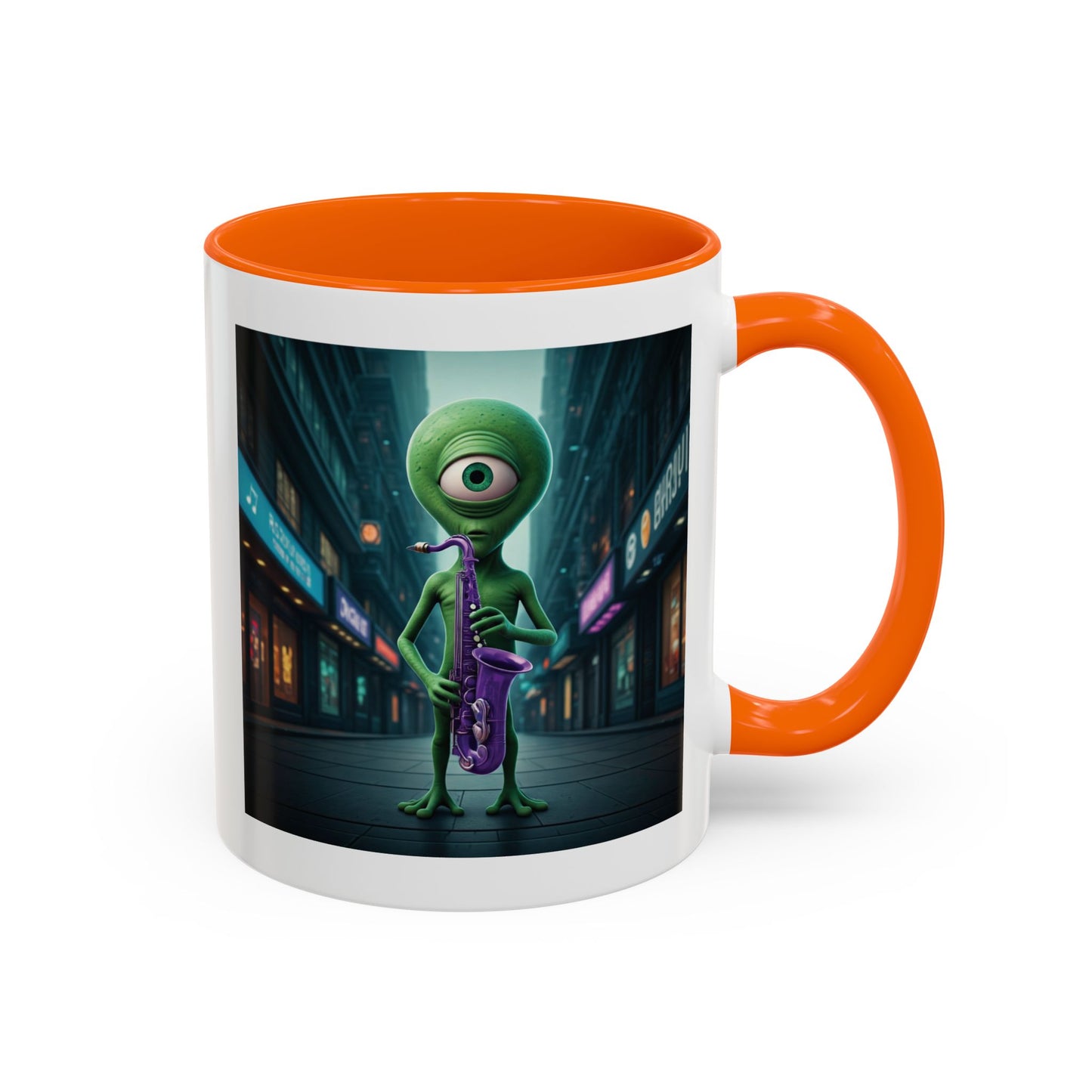 Alien sax player on a orange mug