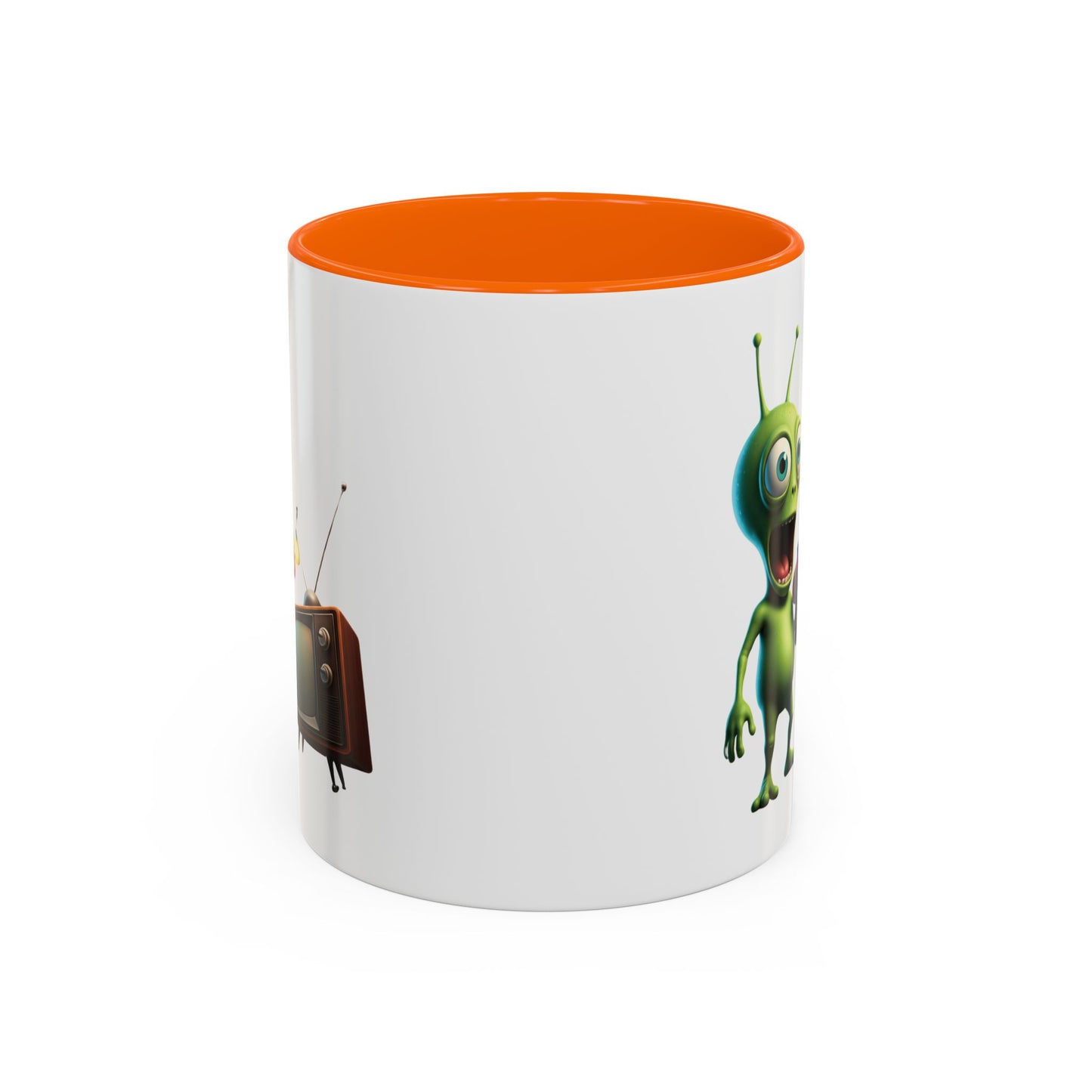Alien tv zapping orange colored inside mug, back view