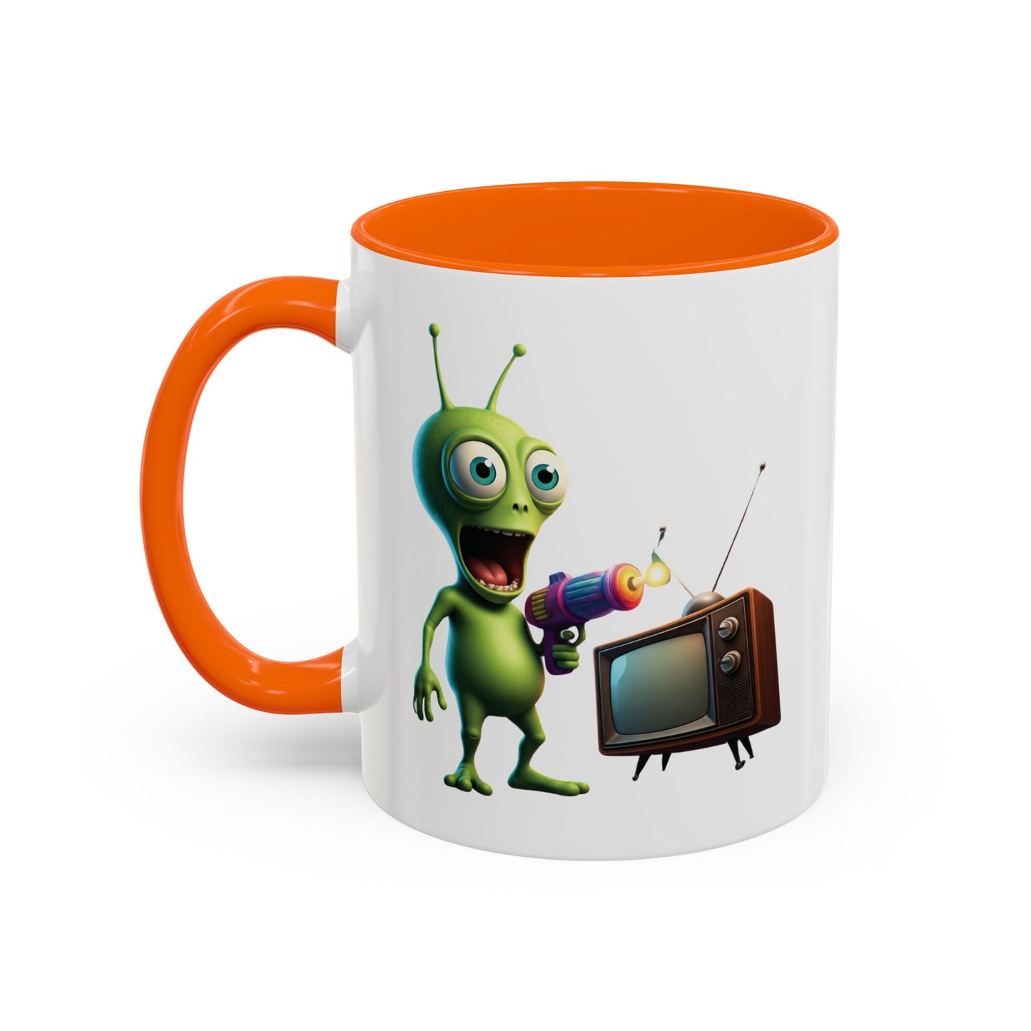 Alien tv zapping orange colored inside mug, Left c-handle detail