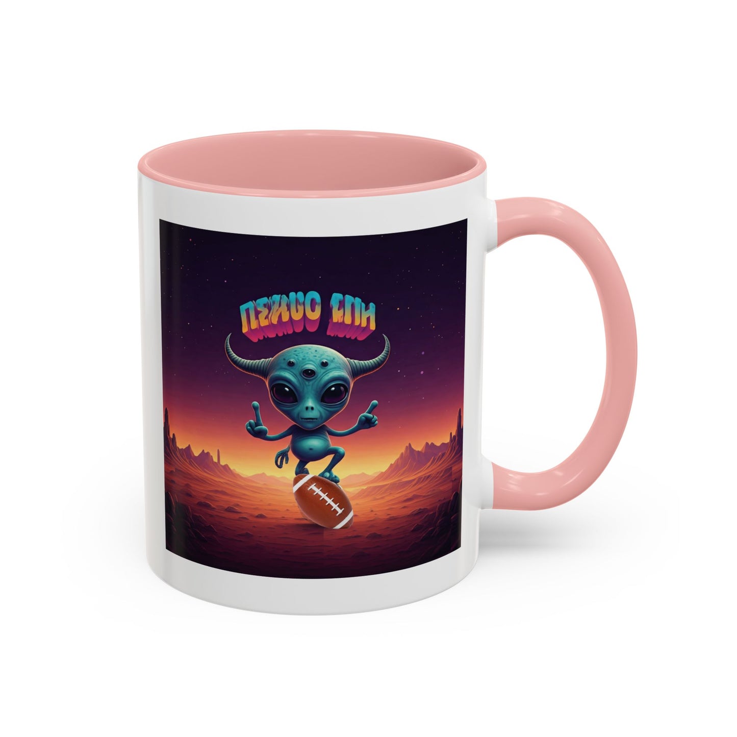 Alien playing football (rugby) on a unique pink mug