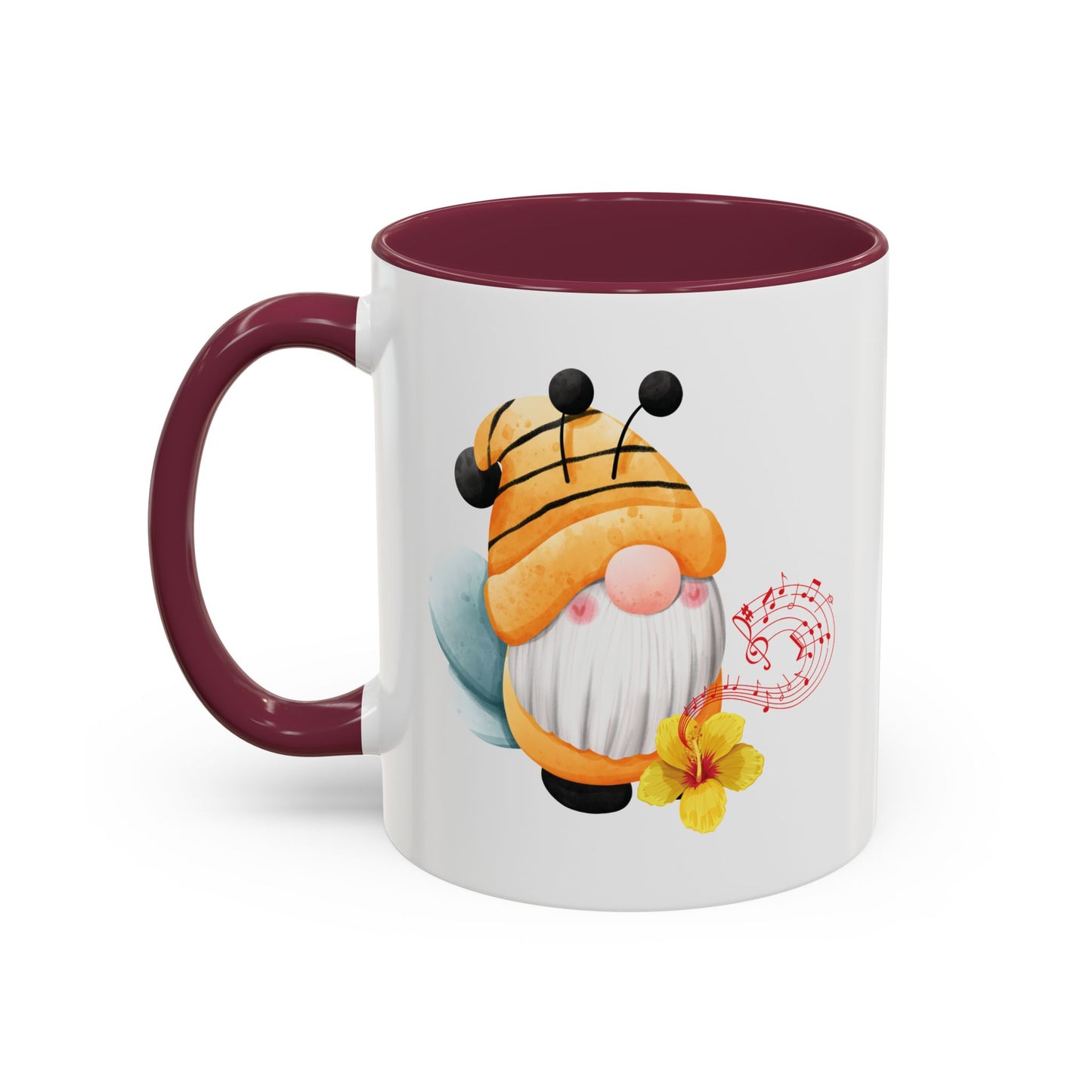 purple mug with purple c-handle with a cartoon bee gnome design