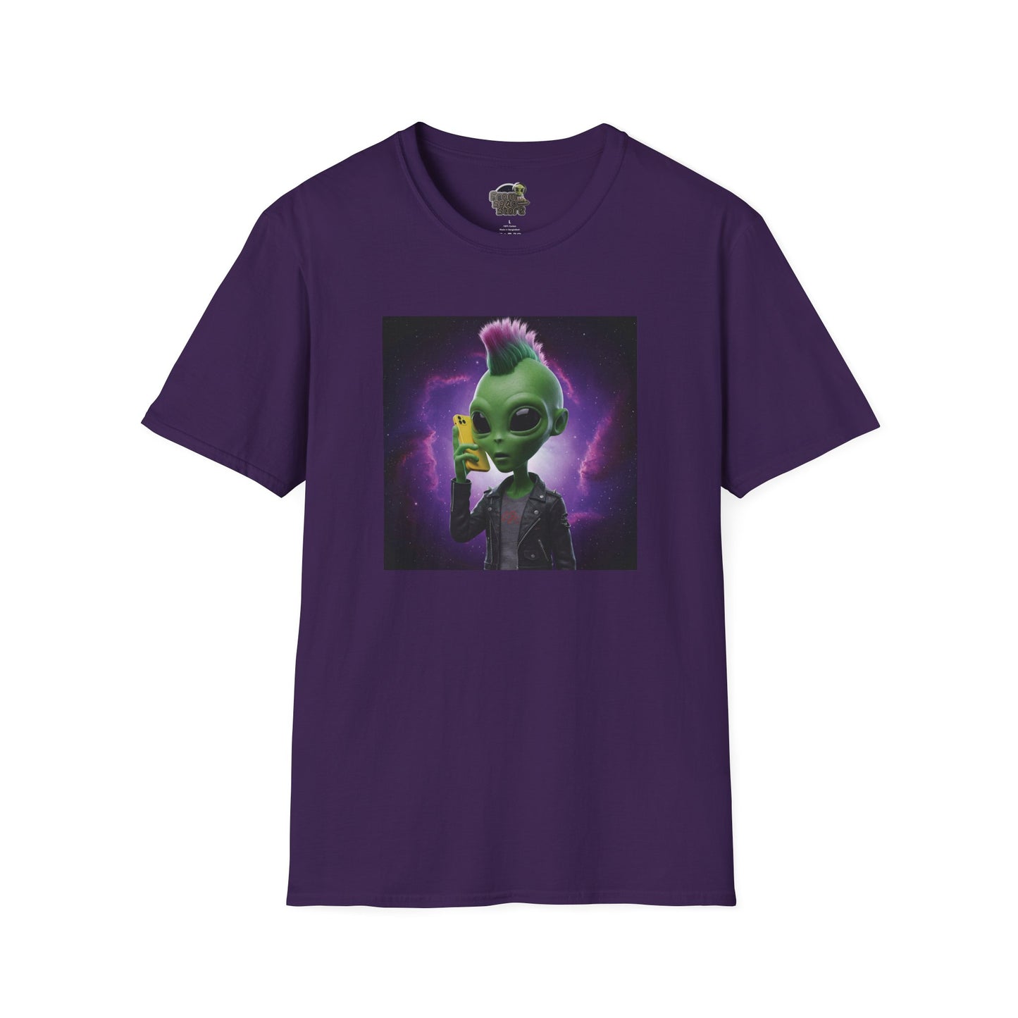 Purple Unisex alien punk t-shirt with mobile phone