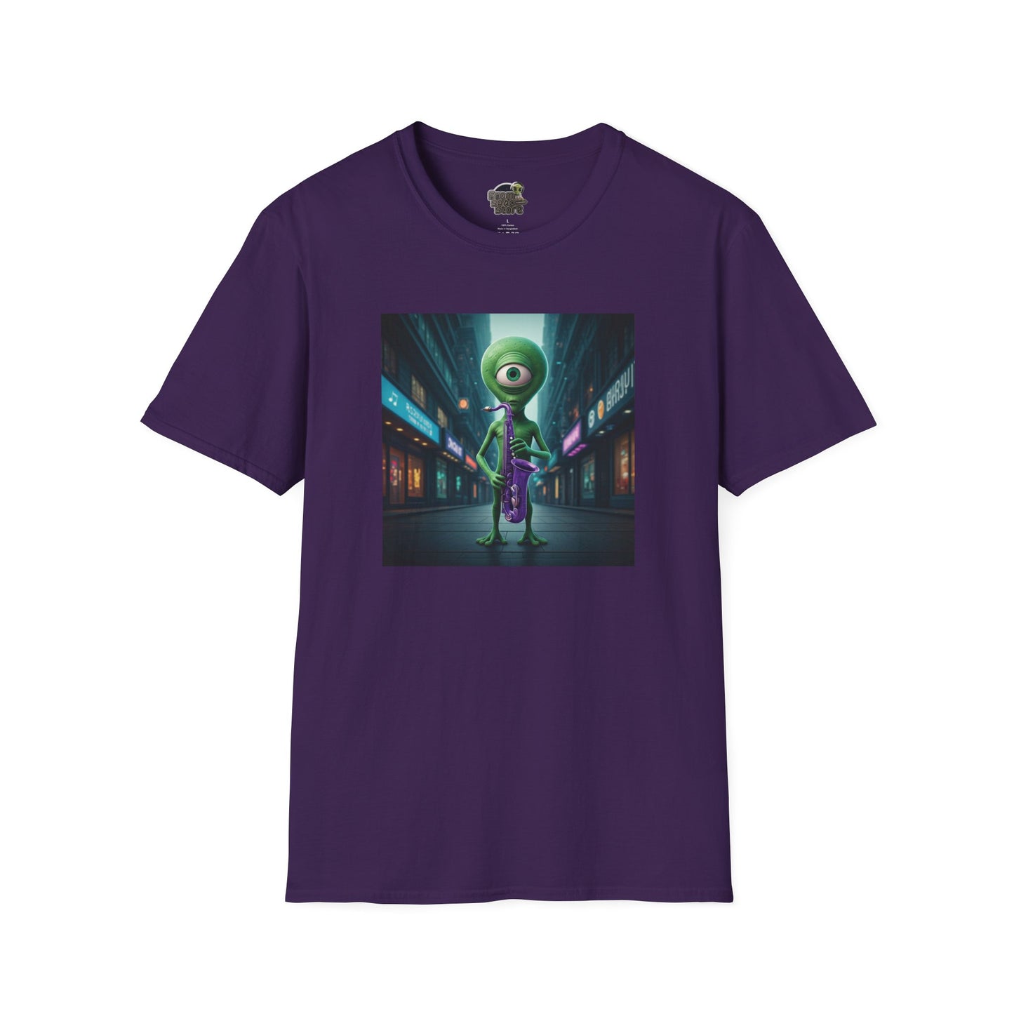 Purple Unisex t-shirt alien playing saxophone in city night