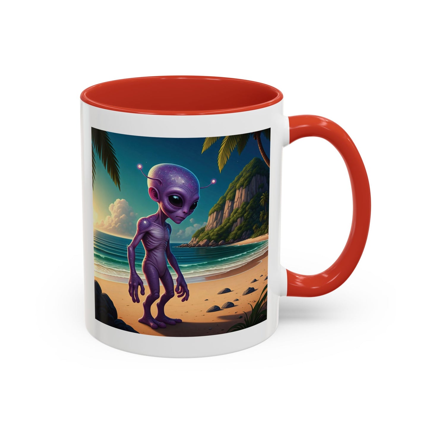 Alien enjoying the beach on a red inside novelty mug