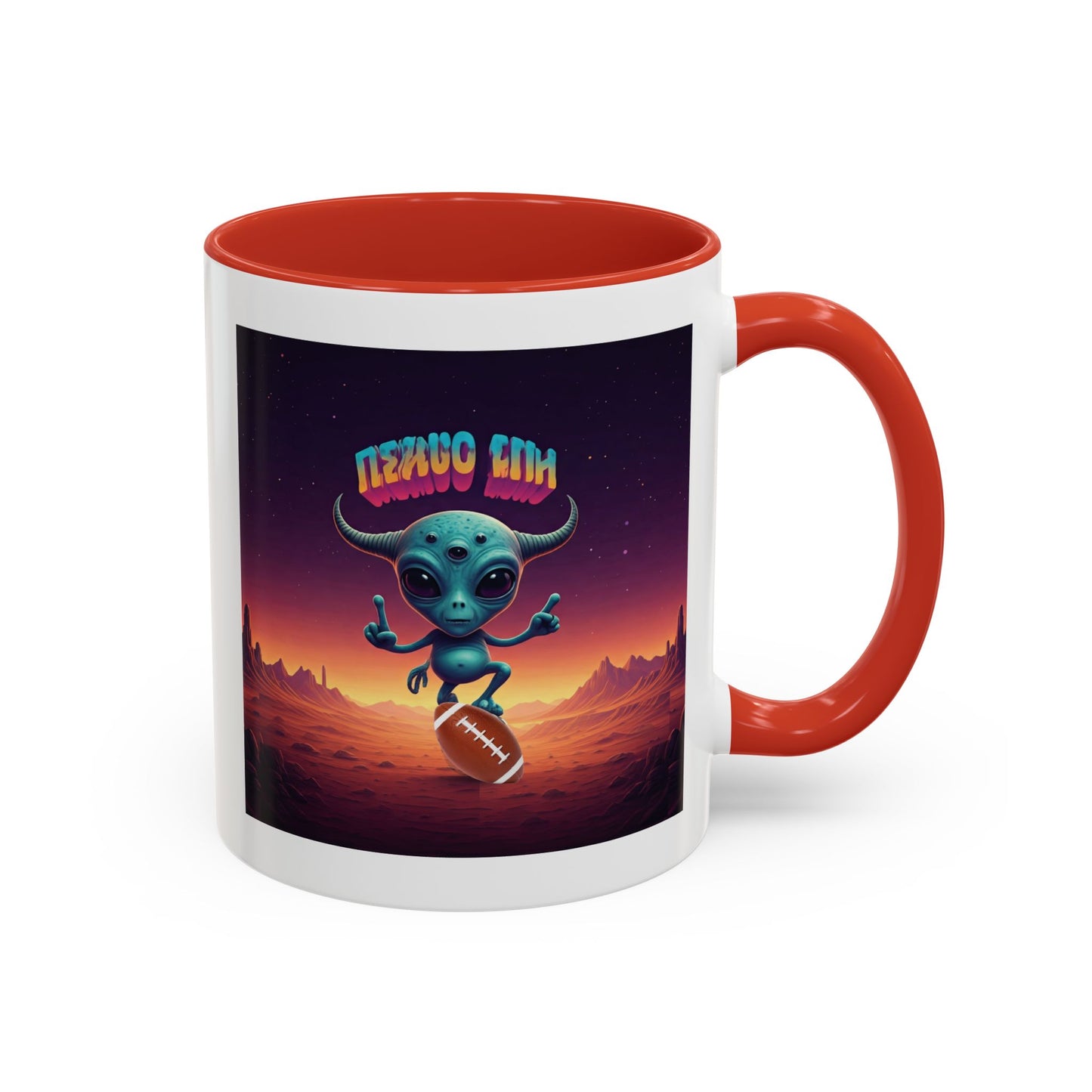 Alien playing football (rugby) on a unique red mug