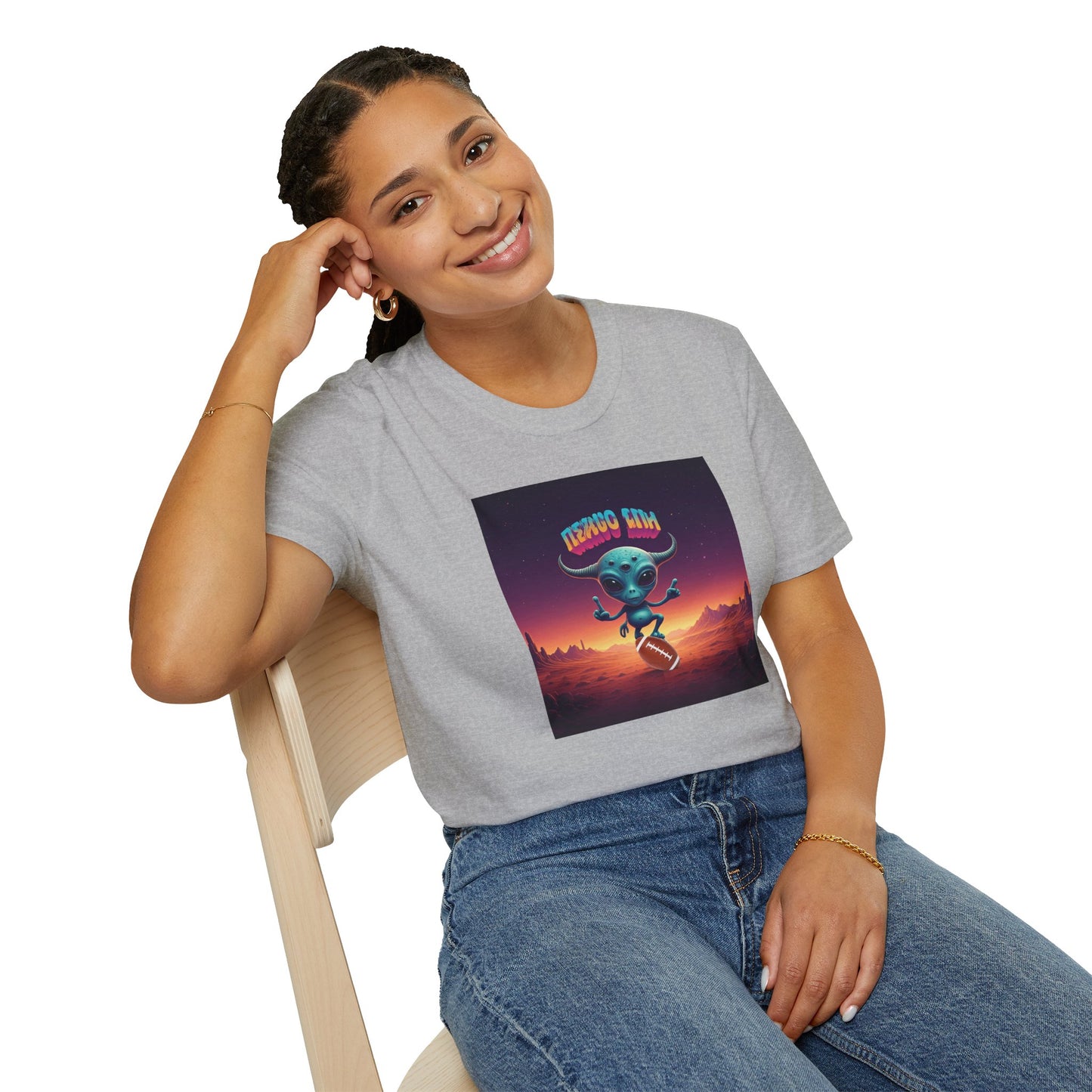 Alien football player unisex t-shirt, woman model
