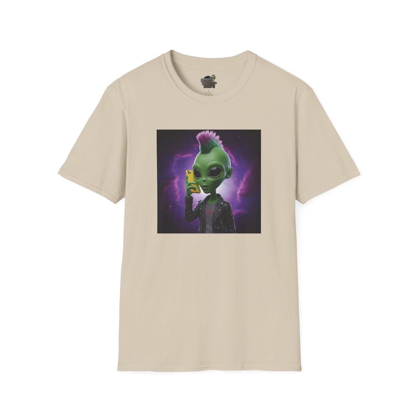 Sand Unisex alien punk t-shirt with mobile phone