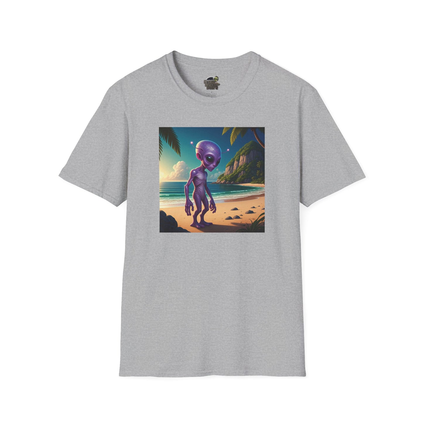 Alien at beach on a sport gray unisex t-shirt graphic