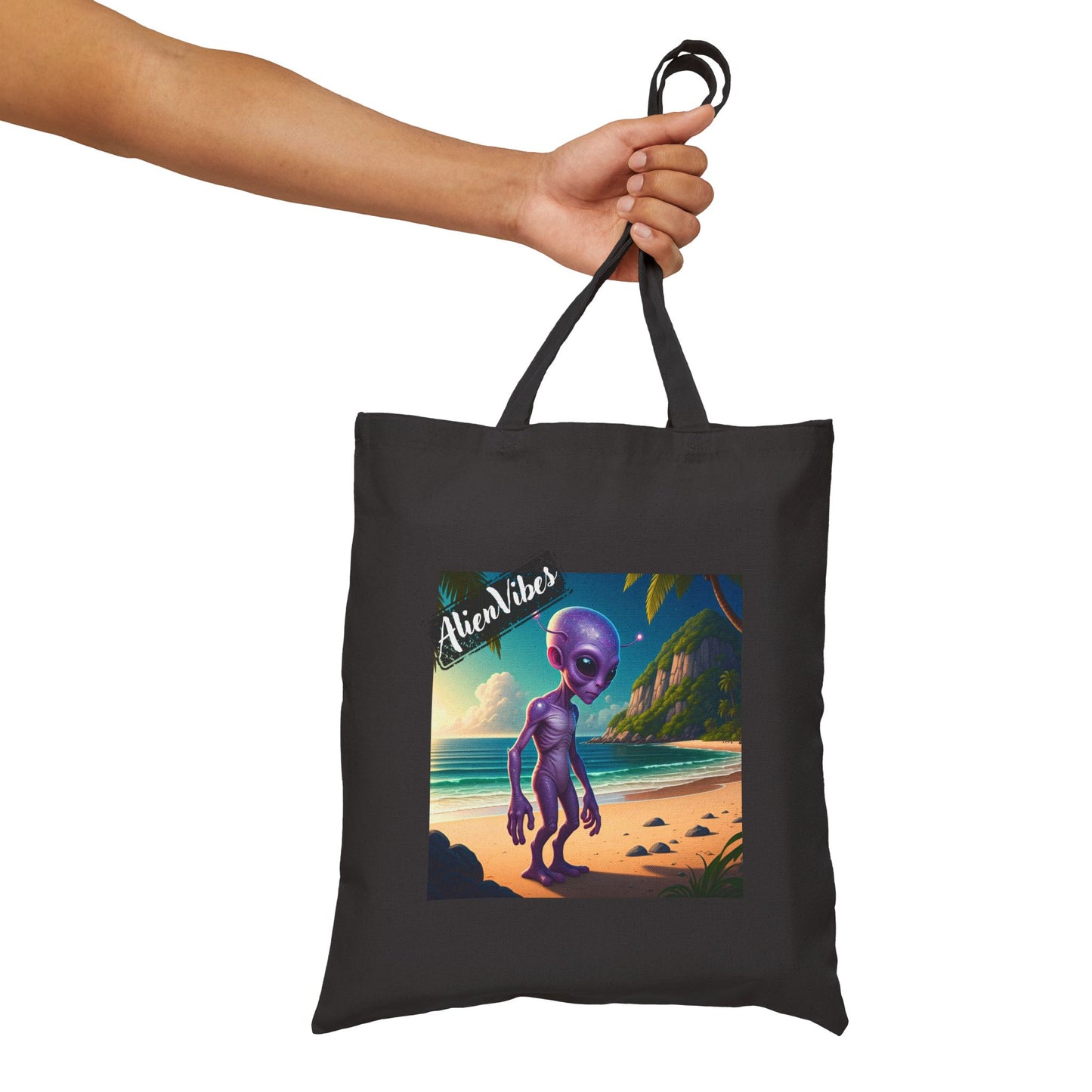 Alien at Beach tote bag: a funny alien walking on a sandy beach. Bag black version.