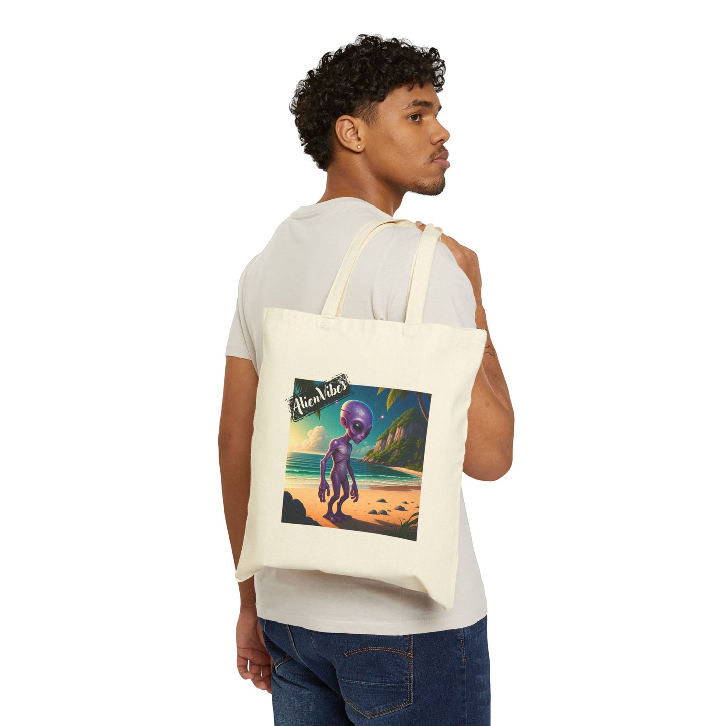 Alien at Beach natural color tote bag: a funny alien walking on a sandy beach, man bag.