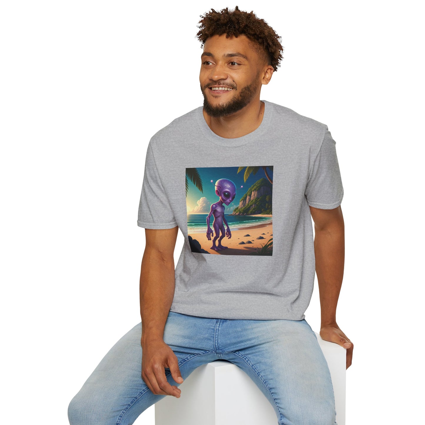Alien at beach on a grey unisex t-shirt graphic, man fashion