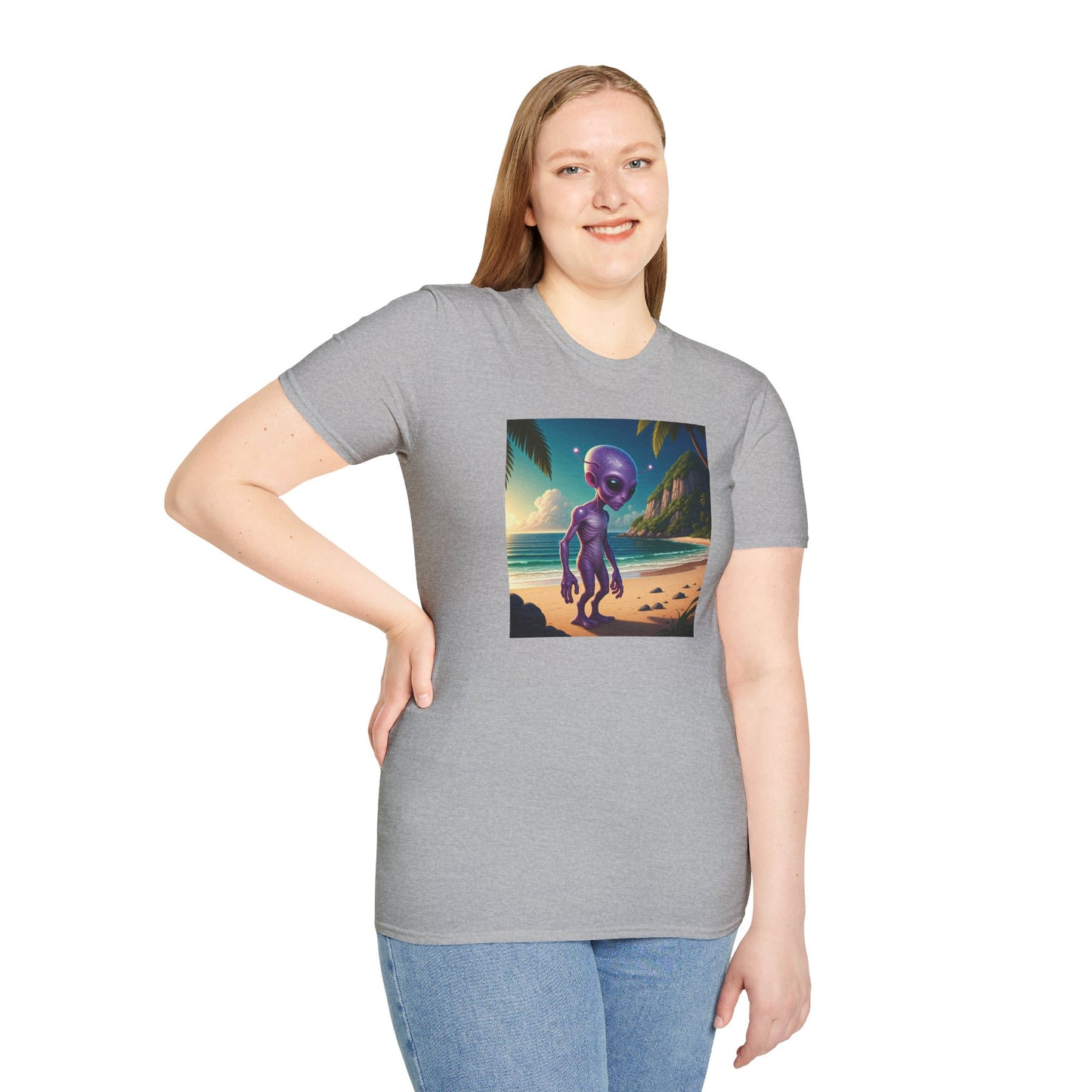 Alien at beach on a grey unisex t-shirt graphic, woman version