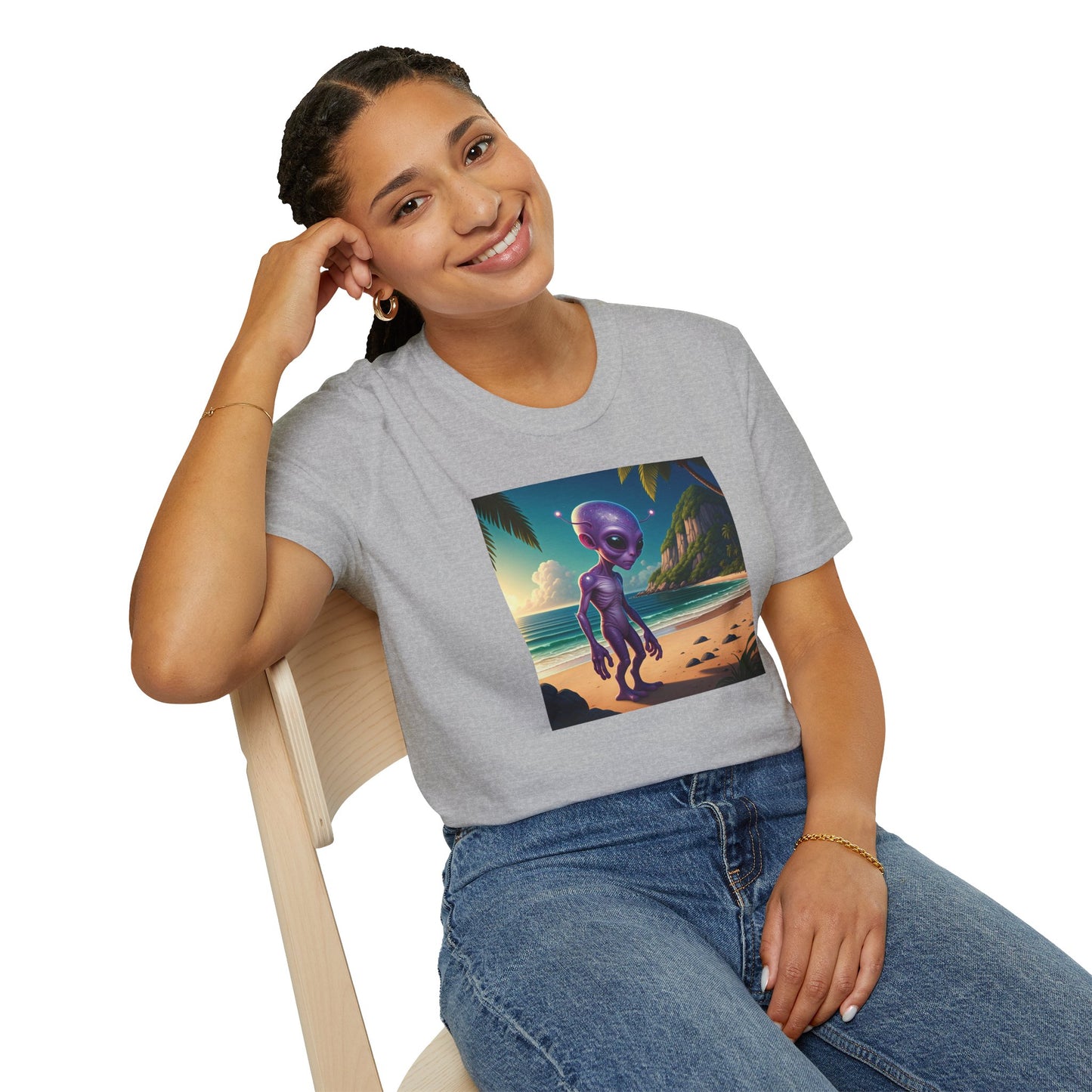 Alien at beach on a grey unisex t-shirt graphic, fashion style