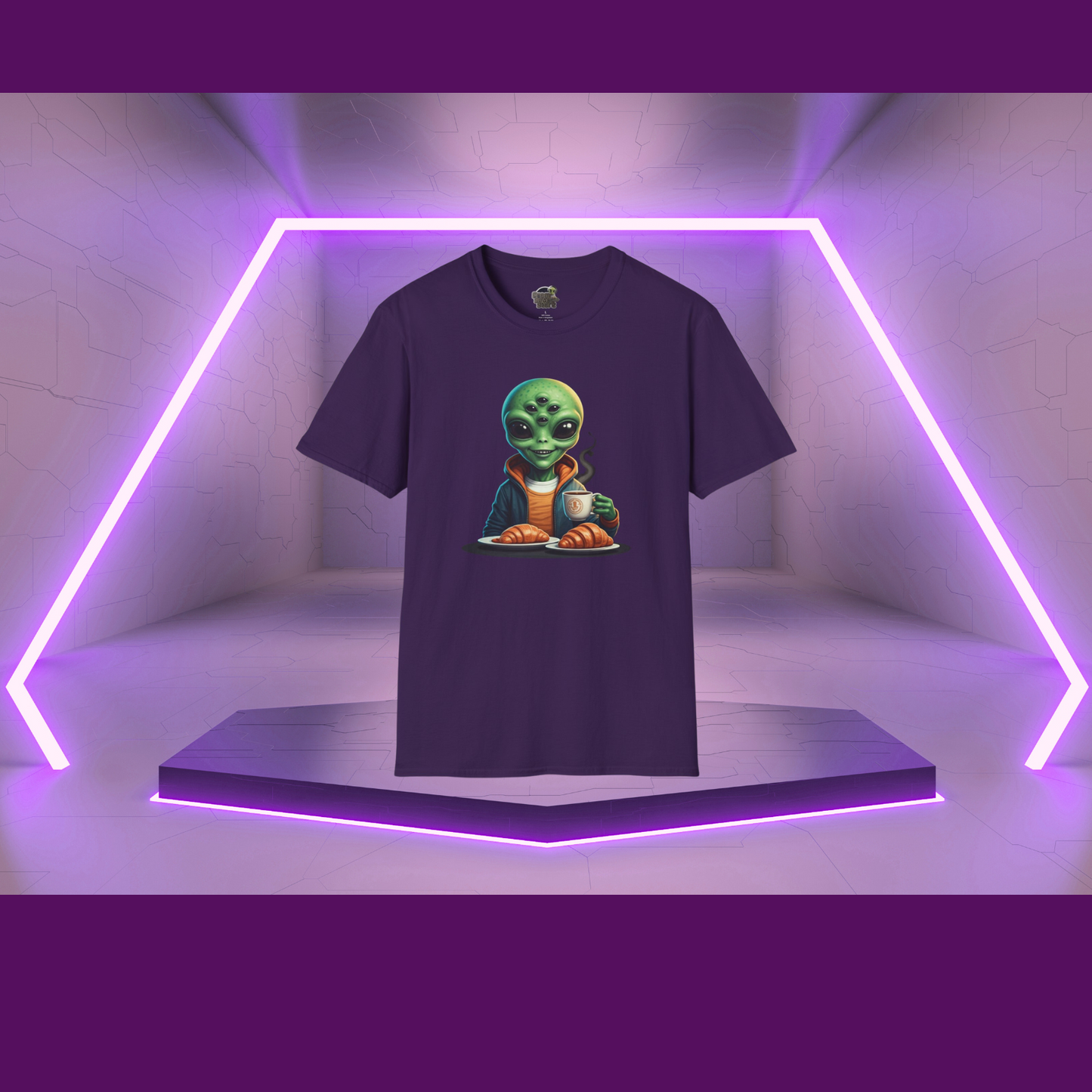 Purple alien making breakfast unisex t-shirt, cover