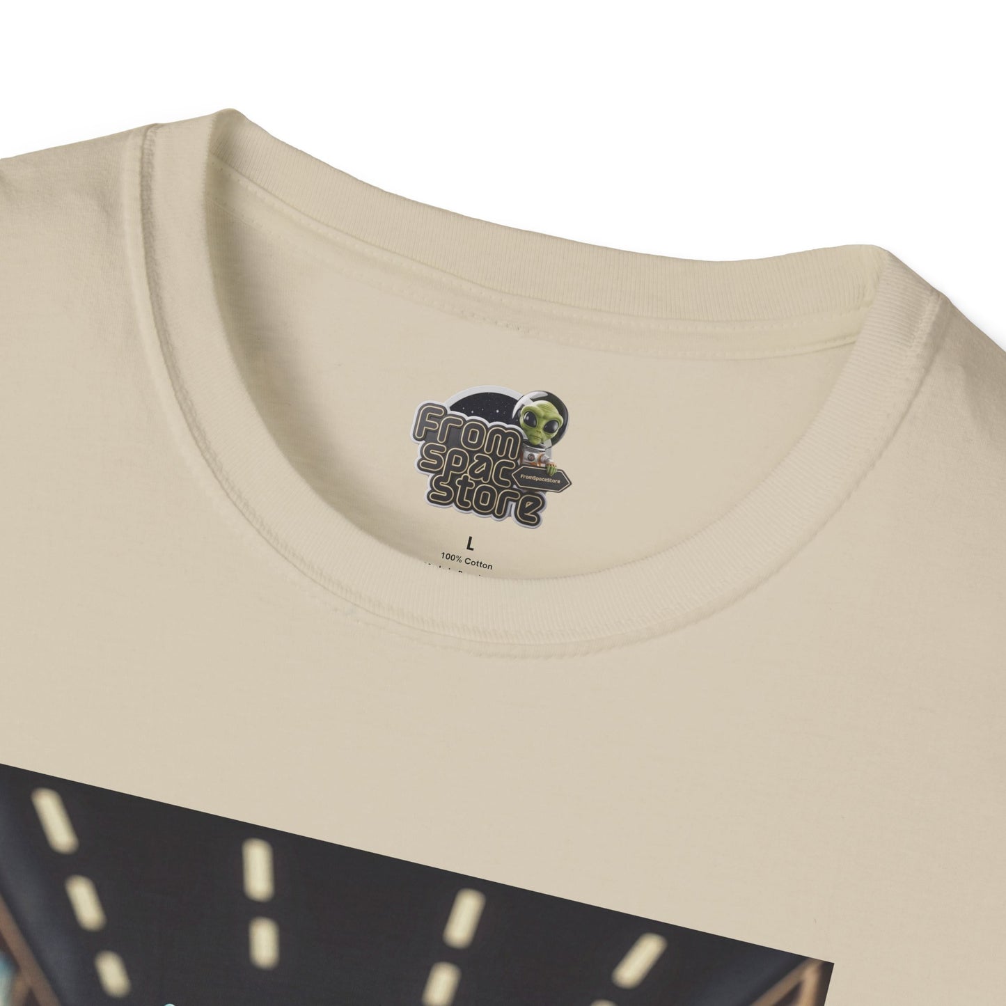 logo detail of Alien dancer on a white T-shirt: funny and unique design