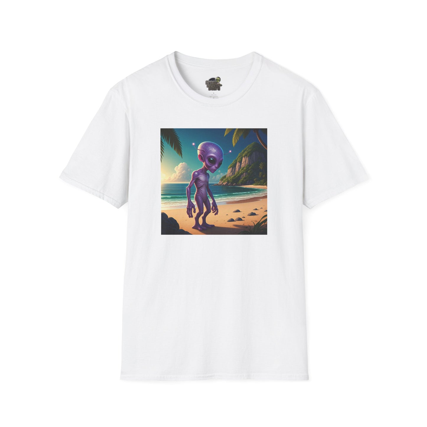 Alien at beach on a white unisex t-shirt graphic