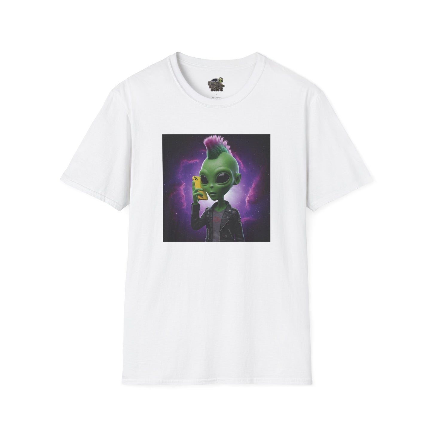 White Unisex alien punk t-shirt with mobile phone