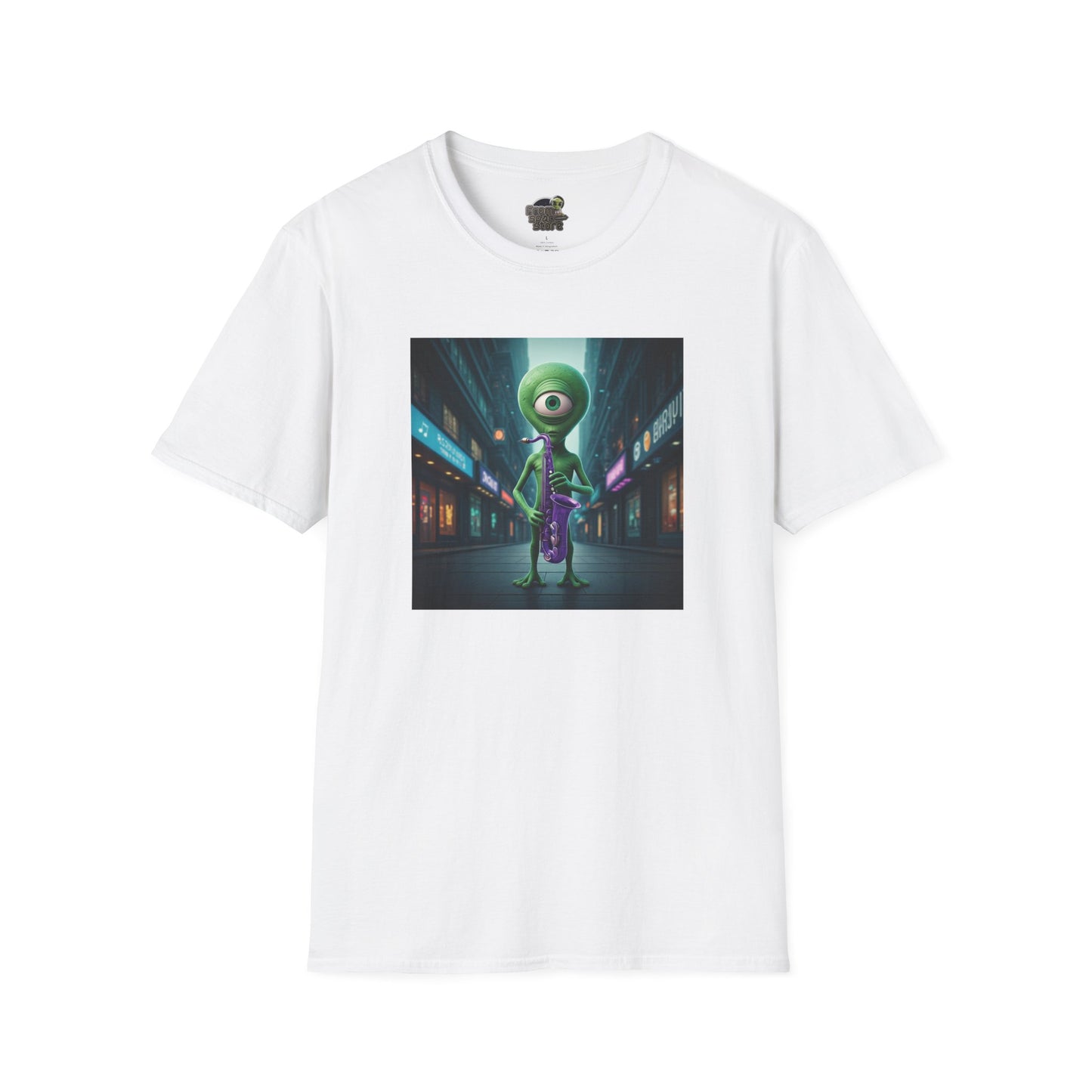 White Unisex t-shirt alien playing saxophone in city night