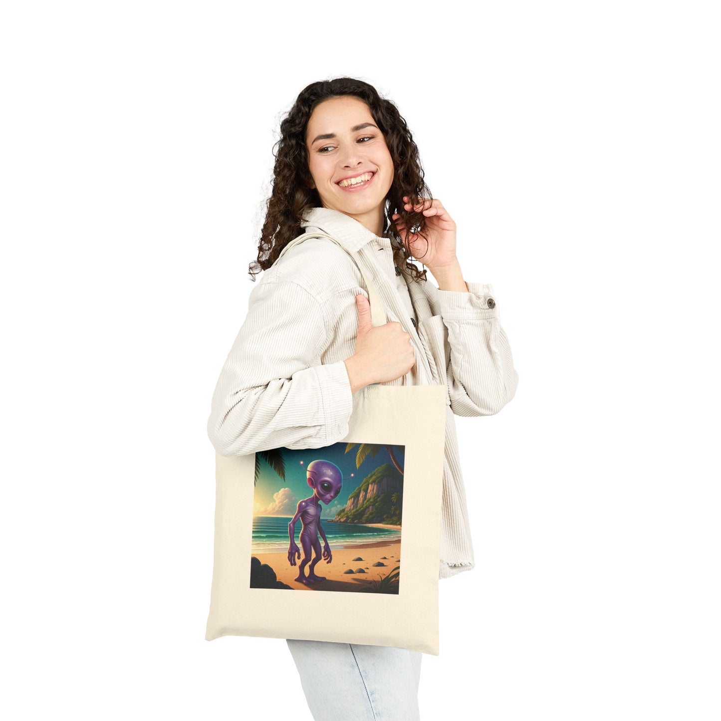 Alien at Beach Natural Tote Bag with unique graphic of an alien walking on a Sunny beach, context woman fashion