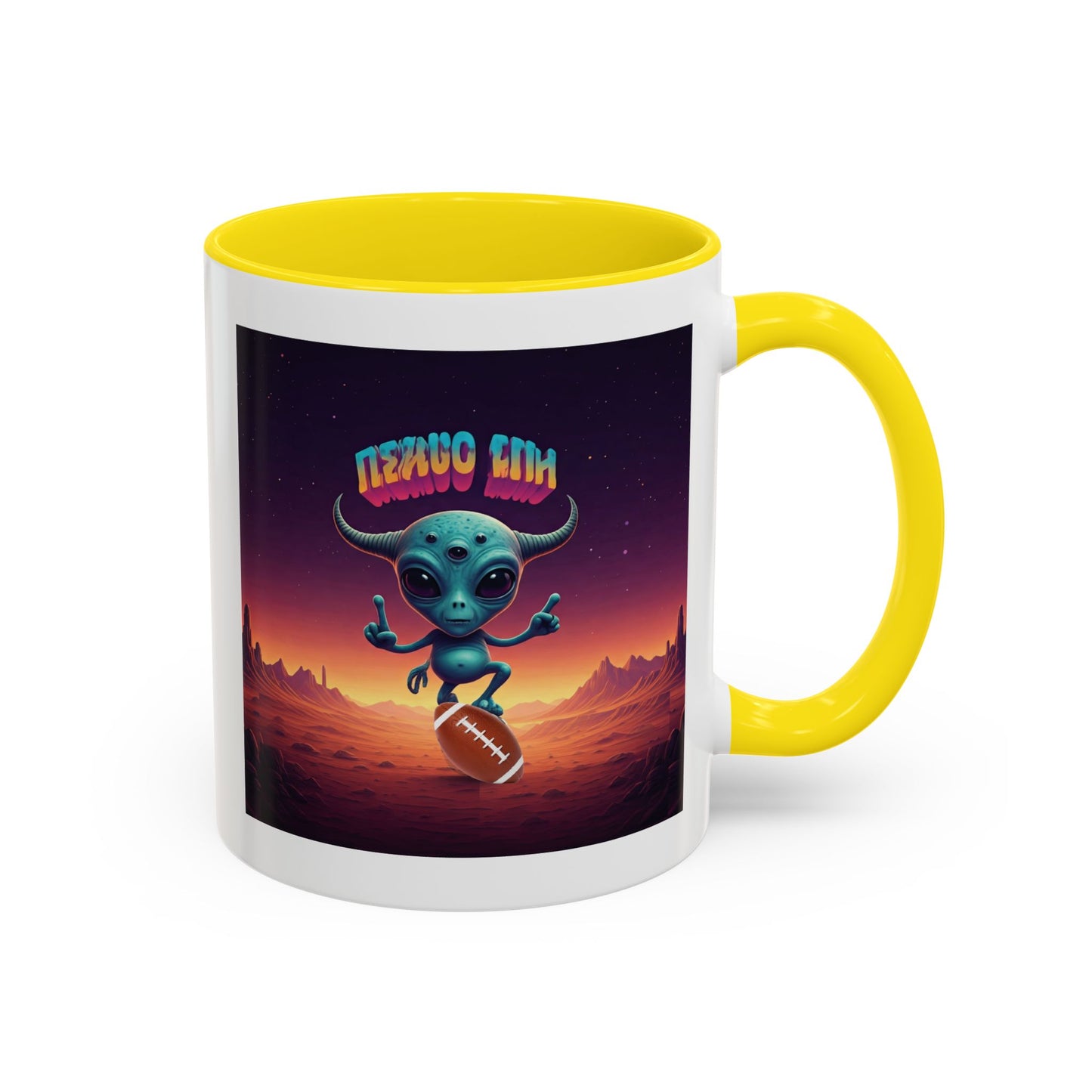 Alien playing football (rugby) on a unique yellow mug