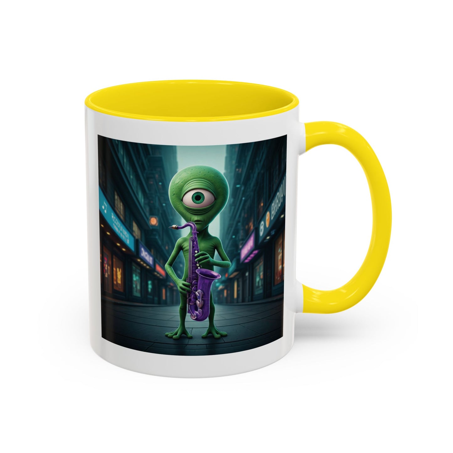 Alien sax player on a yellow mug