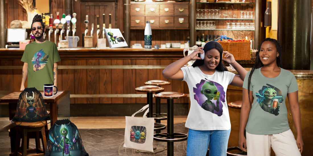 Urban street style scene in a trendy bar featuring three models wearing the Alien Vibes collection. Shis apparel includes graphic t-shirts and tote bags with neon alien designs, shocasing a mix of sci-fi and modern streetwear aesthetic.